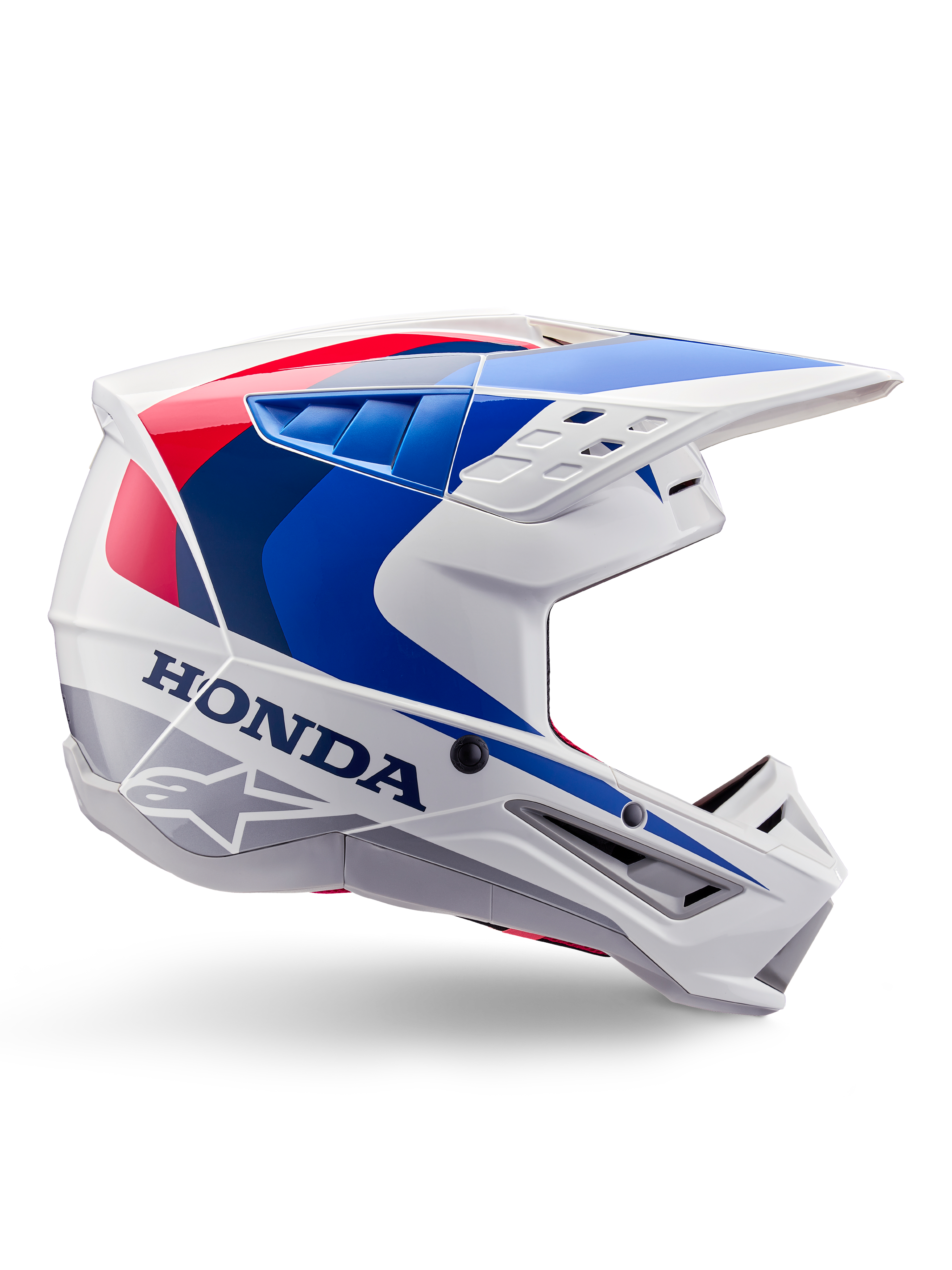 Alpinestars Honda S-M5 Helmet ECE, Motocross Helmet, White Blue and Red, side profile view, aerodynamic design with integrated visor, multiple ventilation openings, glossy finish, bold Honda branding and Alpinestars logo