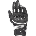 Alpinestars SPX AC V2 Gloves, Short-Cuff Motorcycle Gloves, Black and White, featuring glossy carbon knuckle protection, perforated leather and mesh for ventilation, white TPR finger inserts, and sporty SPX branding