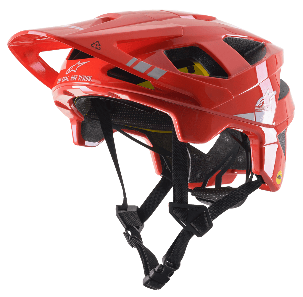 Alpinestars Vector Tech A2 MTB Helmet, Bright Red with Light Gray Glossy accents, white Alpinestars logos and graphics, adjustable visor, multiple ventilation ports, black chin straps, and lightweight mountain bike design