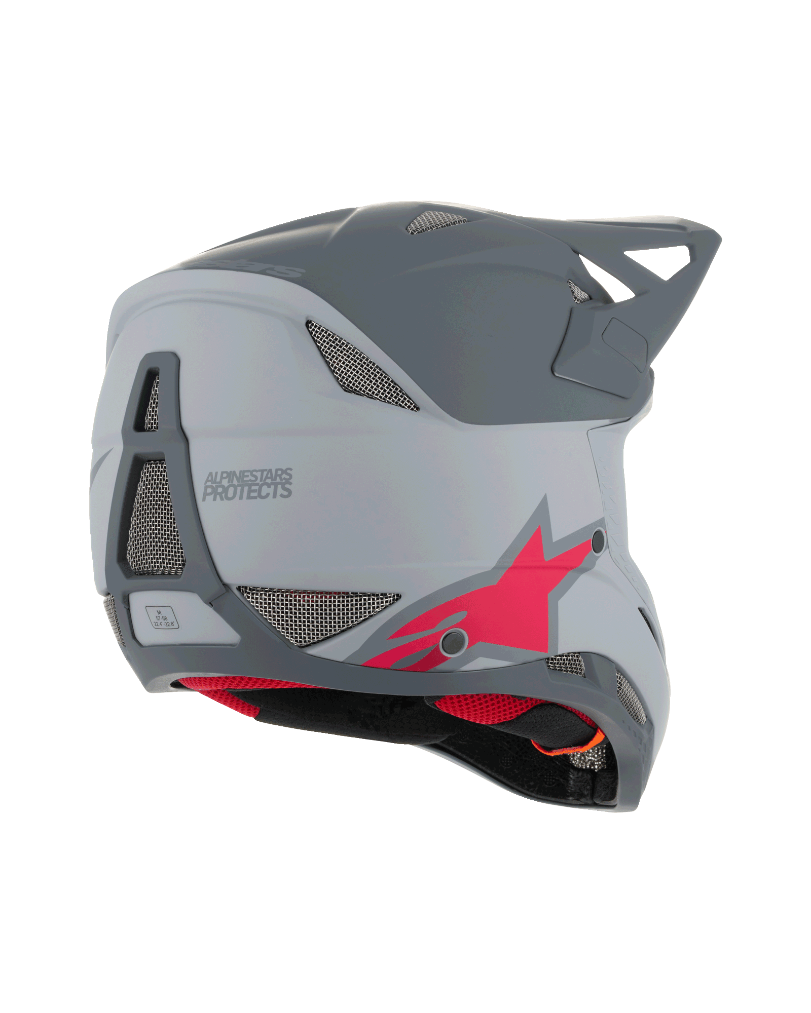 Alpinestars Missile Tech Racer Helmet, Full Face MTB Helmet, Light Gray and Dark Gray Matt with red star logo, rear-side view showing ventilation mesh and streamlined profile, downhill cycling protection