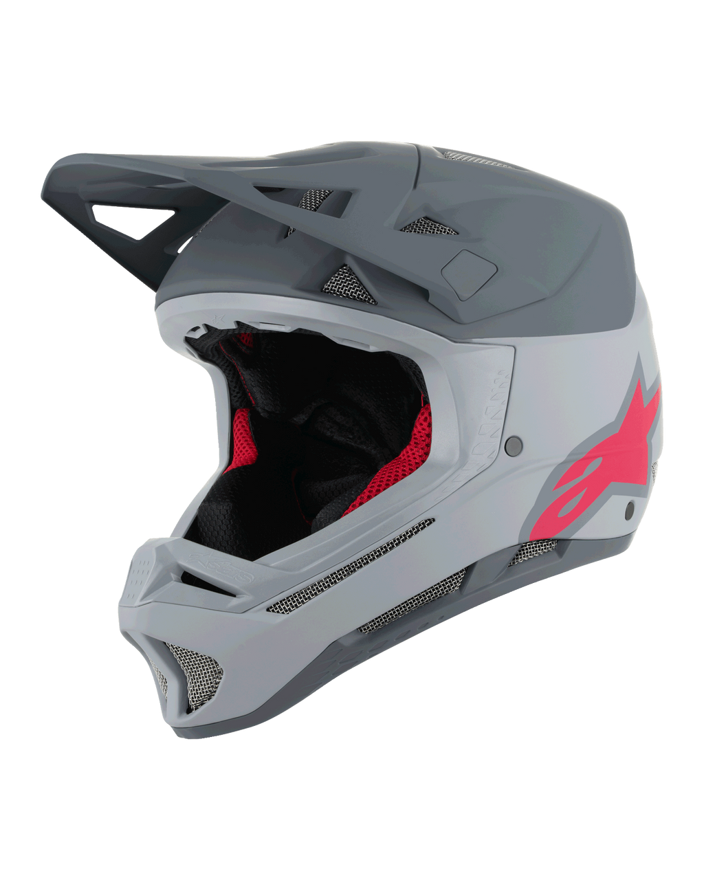 Alpinestars Missile Tech Racer Helmet, Full-Face MTB Helmet, Light Gray and Dark Gray Matte with Pink Astars Logo, Aerodynamic Visor, Multiple Mesh Vents, Black and Red Interior Padding, Downhill Mountain Biking Gear