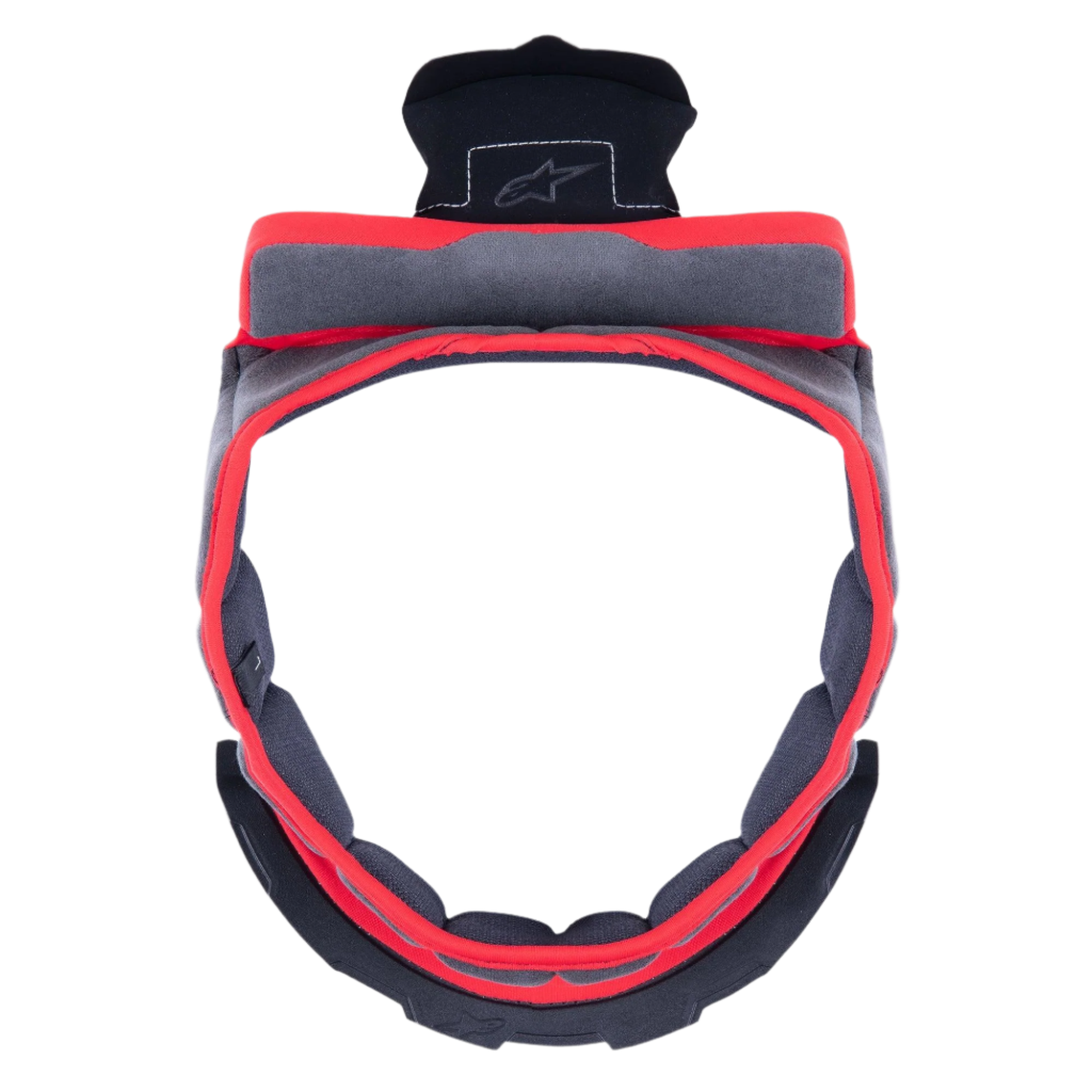 Alpinestars Supertech R10 Crown Pad, Gray replacement helmet interior padding, circular shape with red trim and gray fabric, featuring black plastic attachment components with the Alpinestars logo, designed for motorcycle helmet comfort and fit customization.