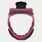 Alpinestars Supertech R10 Crown Pad, Replacement Helmet Interior Padding, Gray soft fabric with Red trim and Black attachment tabs, circular design for S-R10 helmets, featuring embroidered star logo on top tab.