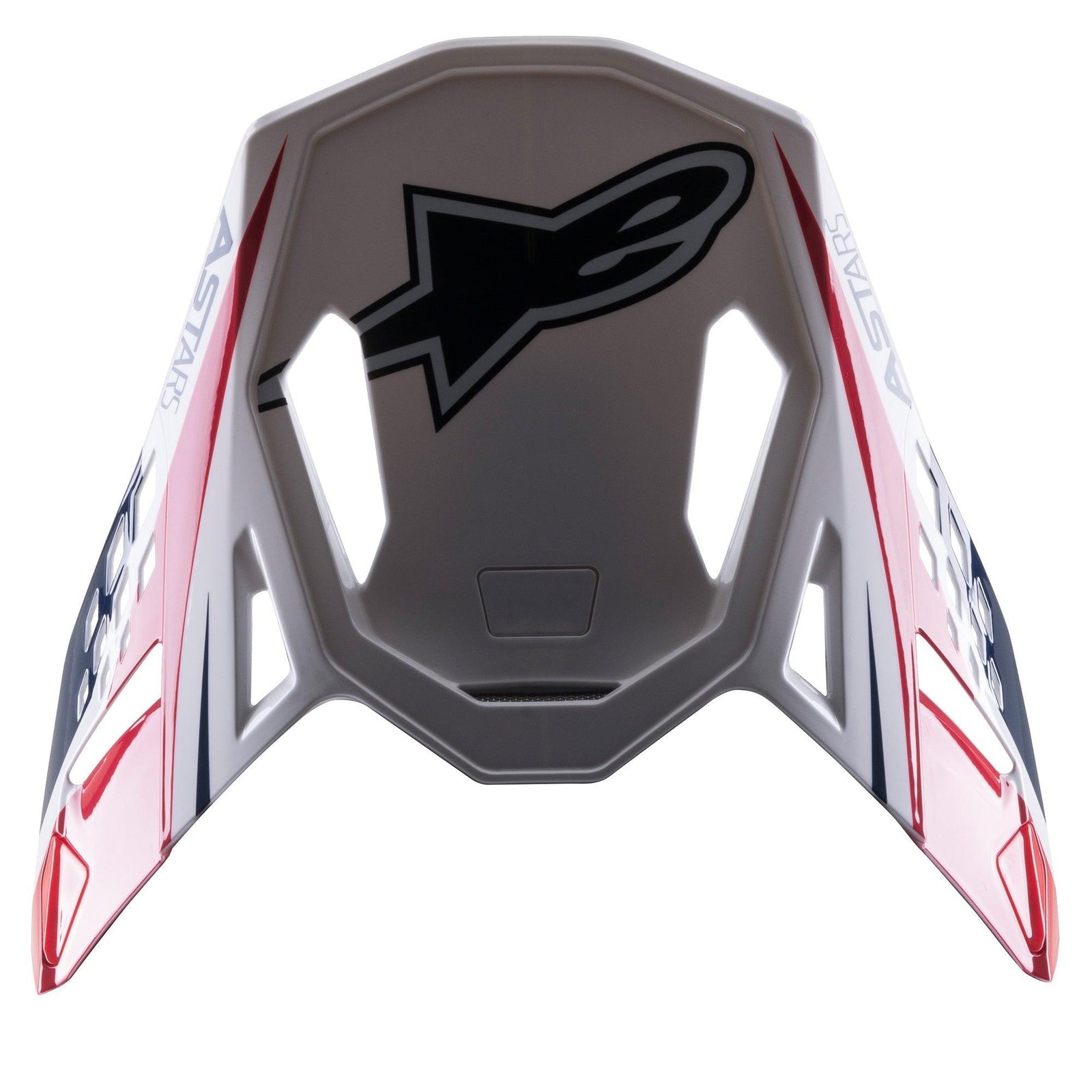 Alpinestars Supertech M10 Carbon Meta2 Visor, replacement helmet peak, White Red and Blue with Glossy finish, featuring black Astars logo and dynamic graphics, designed for off-road motocross helmets