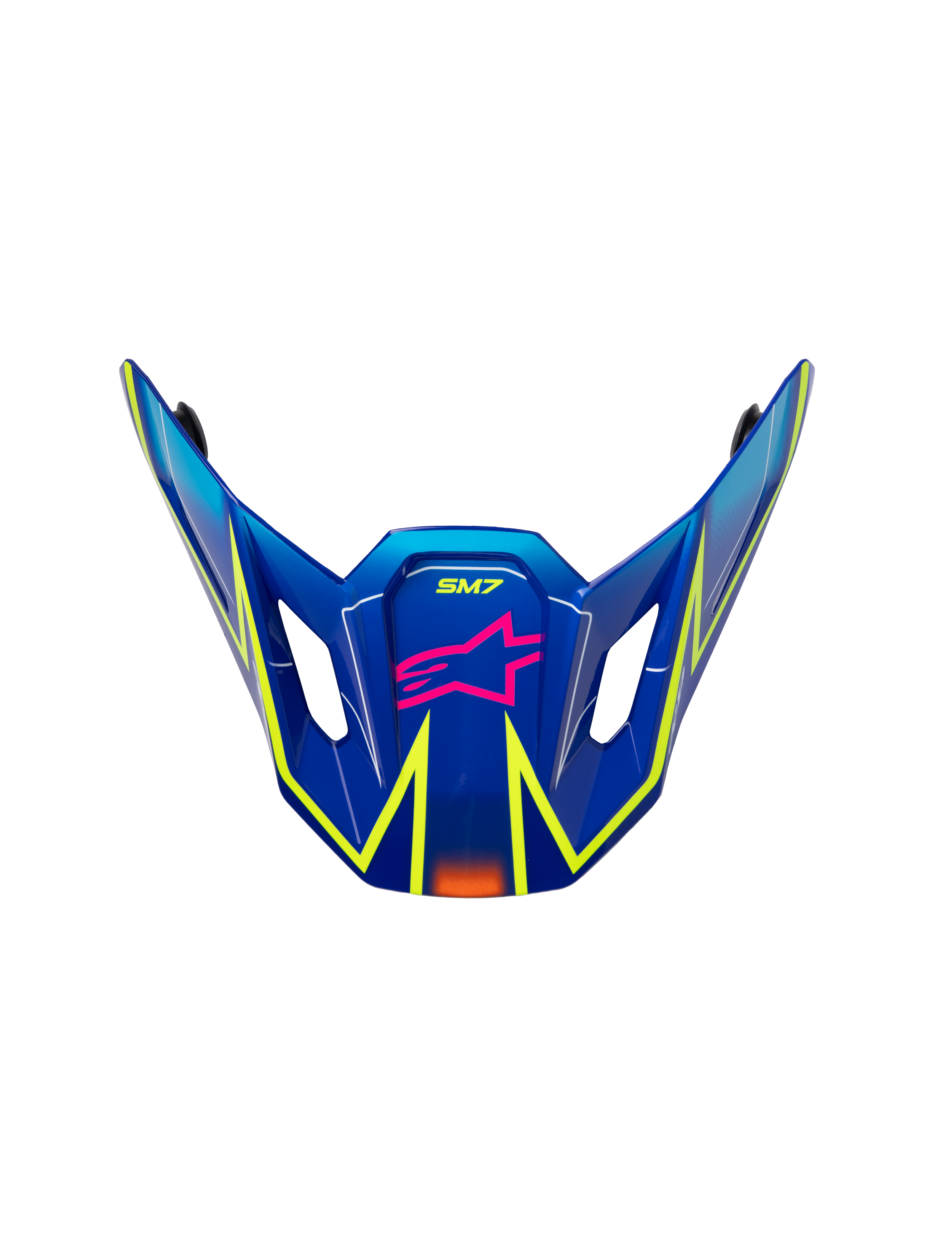 Alpinestars S-M7 Cast Visor, motocross helmet replacement peak, glossy blue with pink and yellow fluo accents, featuring pink star logo and SM7 branding, aerodynamic design with side ventilation vents