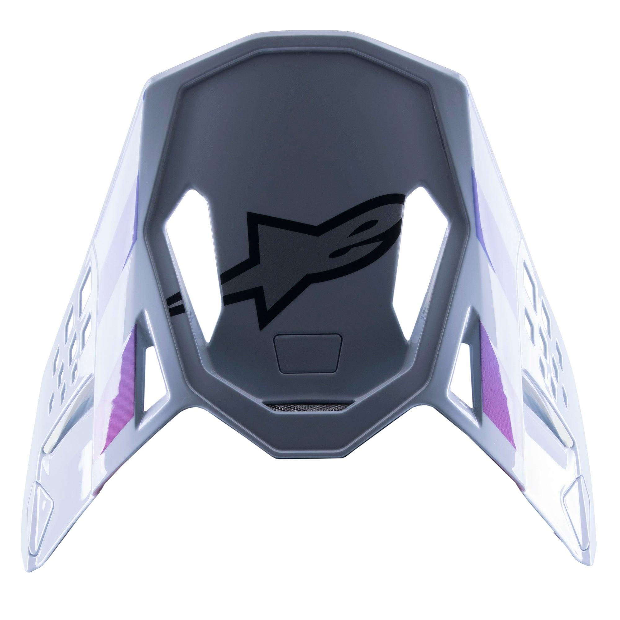 Alpinestars Supertech M10 Daytona 23 LE Visor, Replacement Motocross Peak, Haze Gray with purple and white accents, featuring a black logo on the underside, lightweight vented design for MX racing