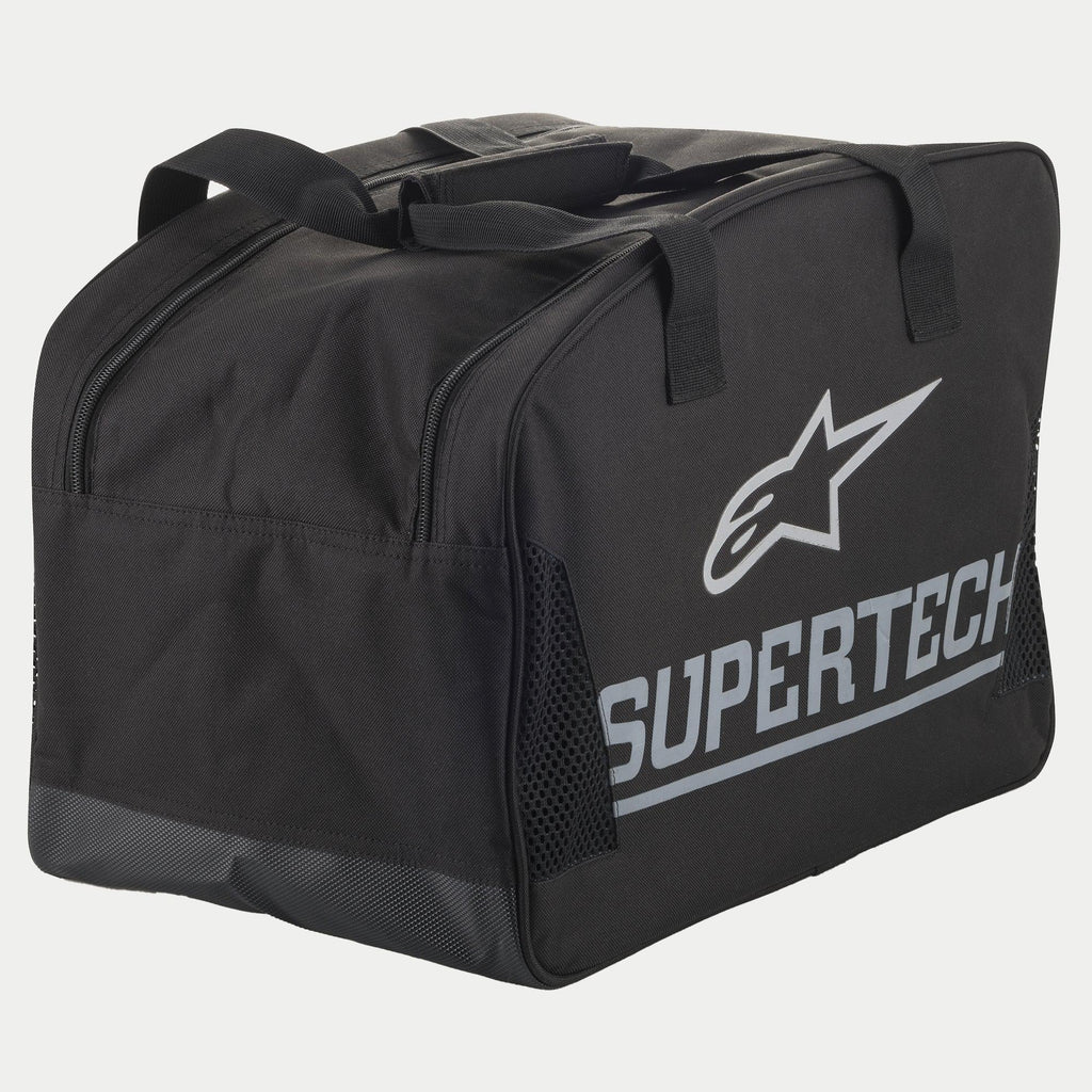 Alpinestars Supertech Semi Rigid Helmet Bag, Black and Silver, featuring durable construction, sturdy carrying handles, and large Supertech branding for motorcycle protection gear