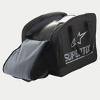 Alpinestars Supertech Semi Rigid Helmet Bag, black semi-rigid protective motorcycle helmet storage bag featuring a large silver logo and soft interior lining