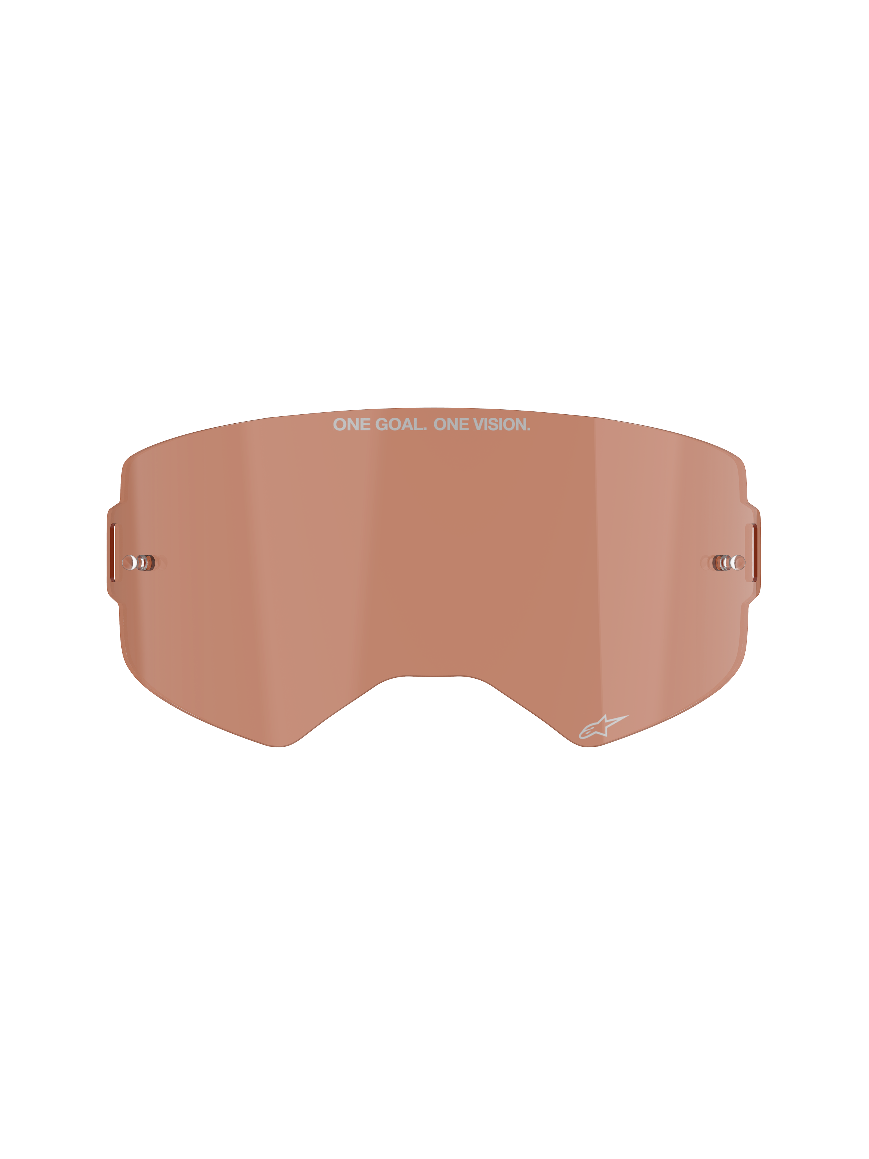Alpinestars Supertech Goggle Lens, Copper Rose Tinted, injection-molded polycarbonate shield with built-in metal tear-off posts, featuring "ONE GOAL. ONE VISION." branding, off-road and motocross racing accessory