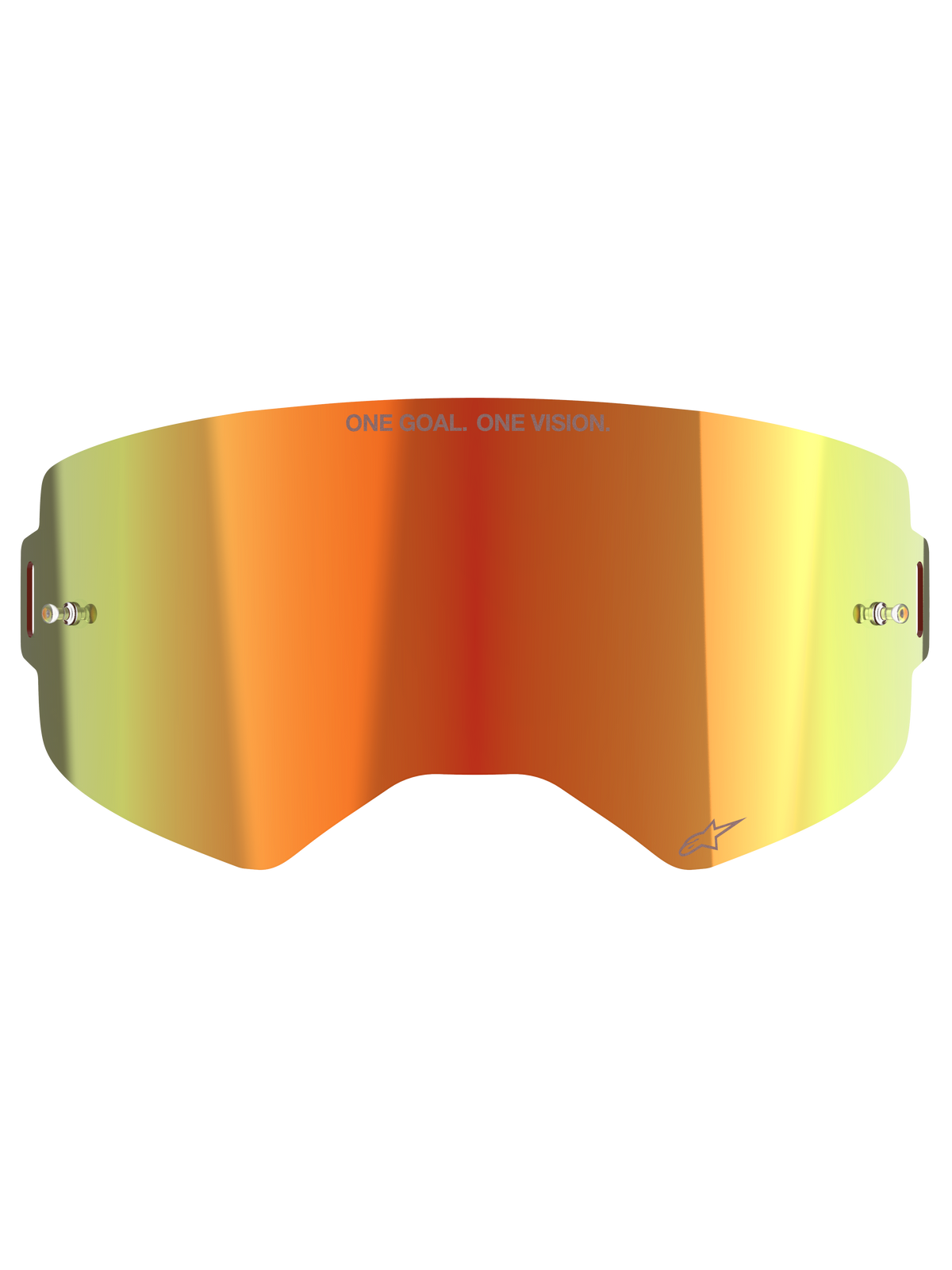 Alpinestars Supertech Mirror Lens, Motocross Goggle Replacement Lens, Mirror Red with orange and yellow gradient, featuring "ONE GOAL. ONE VISION." text, built-in tear-off posts, and reflective finish for off-road racing