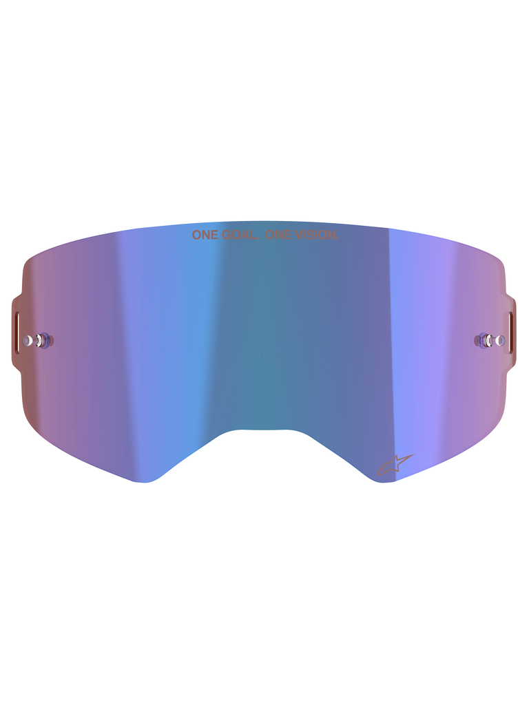 Alpinestars Supertech Mirror Lens, Motocross Goggle Accessory, Mirror Blue with purple hues, featuring Absolute Vision™ technology, integrated tear-off posts, and 'ONE GOAL. ONE VISION.' slogan across the top.