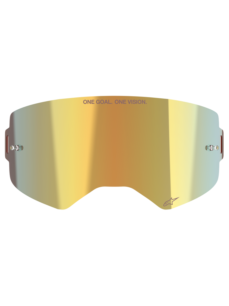 Alpinestars Supertech Mirror Lens, Motocross Goggle Replacement Lens, Mirror Gold finish, featuring 'ONE GOAL. ONE VISION.' text and Alpinestars logo, includes side tear-off posts, durable polycarbonate for off-road racing