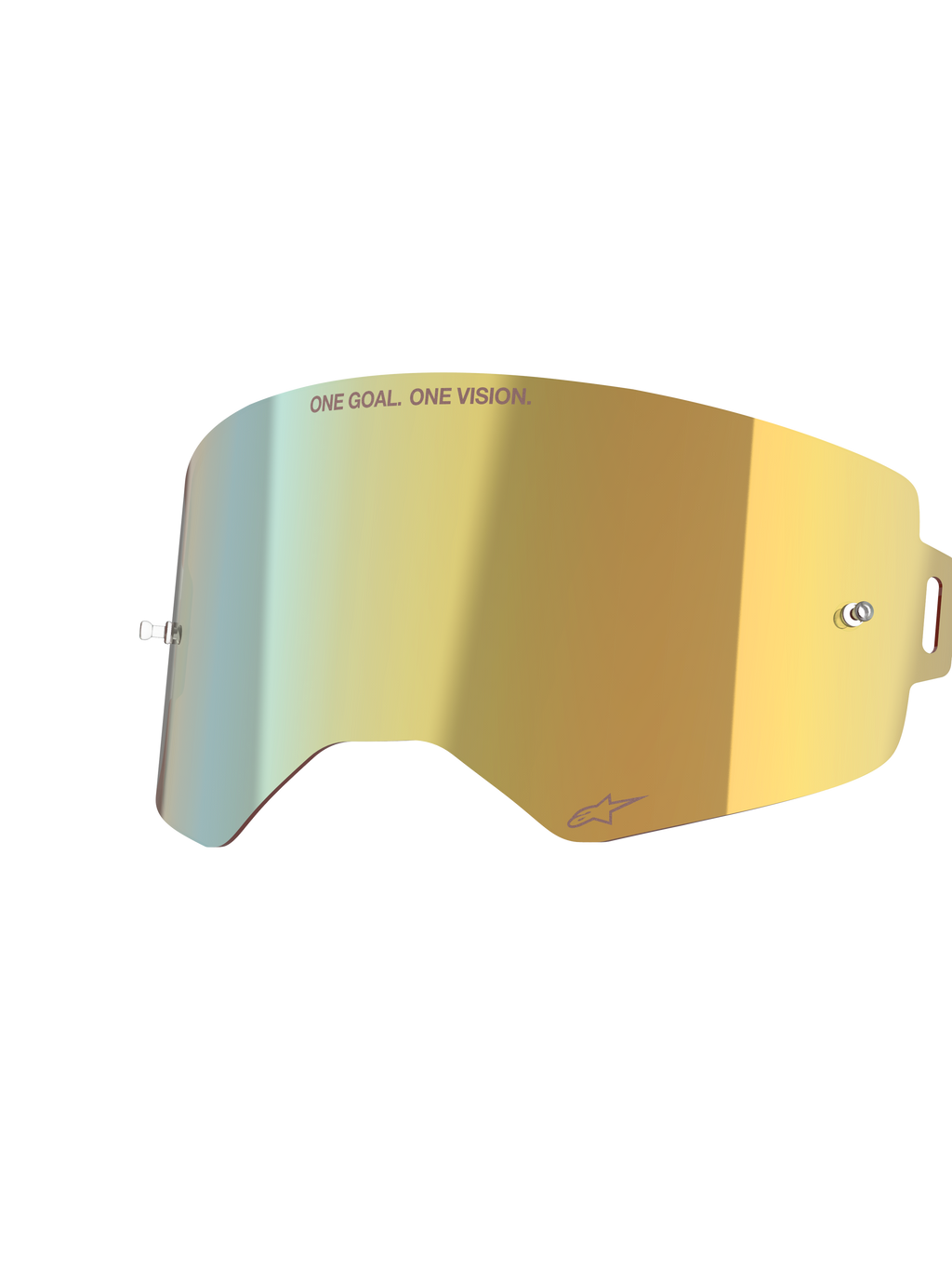 Alpinestars Supertech Mirror Lens, Mirror Gold, reflective replacement goggle lens with integrated tear-off posts and 'ONE GOAL. ONE VISION.' text, high-clarity motocross accessory.