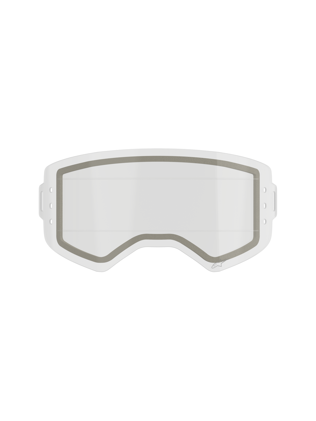 Alpinestars Supertech Dual Pane Roll Off Lens, Motocross Goggle Replacement Lens, Clear, dual-pane construction with a visible grey neoprene seal and side notches for roll-off film, transparent impact-resistant polycarbonate
