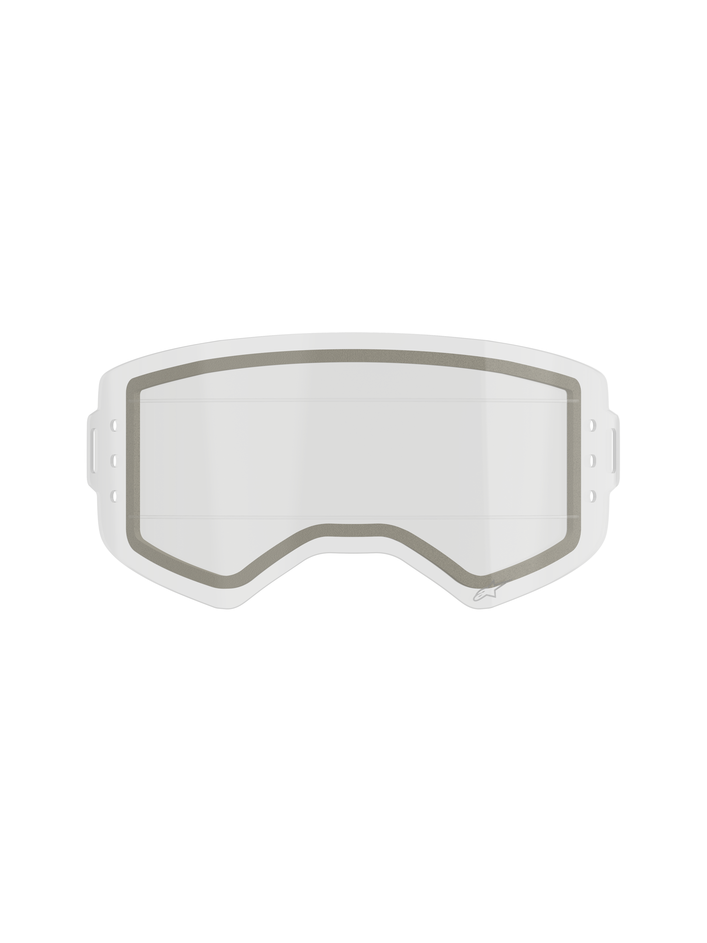 Alpinestars Supertech Dual Pane Roll Off Lens, Motocross Goggle Replacement Lens, Clear, dual-pane construction with a visible grey neoprene seal and side notches for roll-off film, transparent impact-resistant polycarbonate