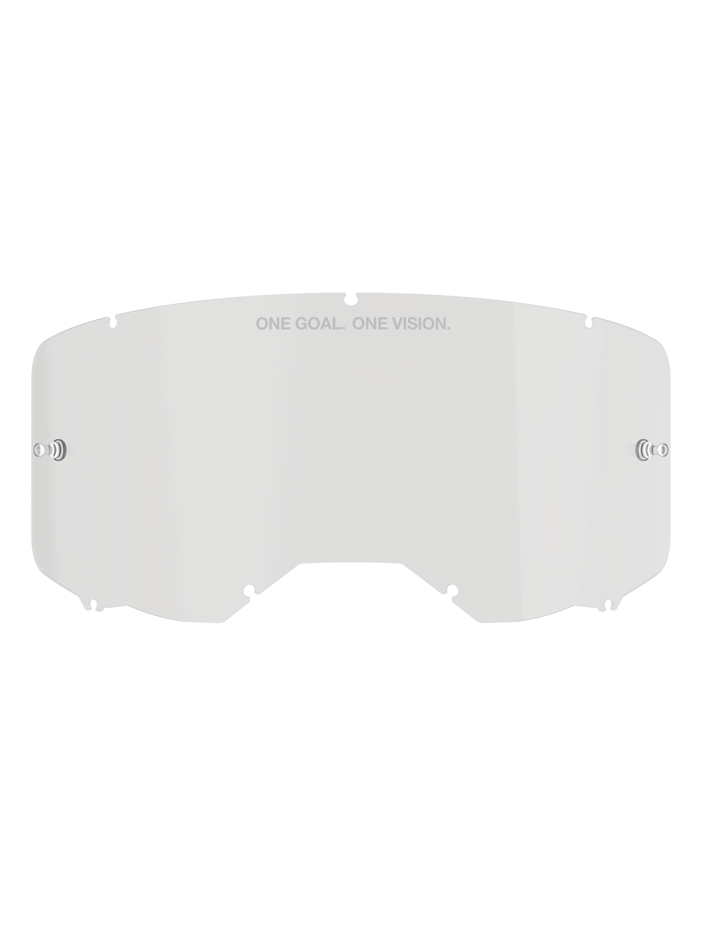 Alpinestars Vision 8-5-3 Lens, Clear replacement goggle lens, polycarbonate construction with integrated tear-off posts and seven-point locking system, featuring 'ONE GOAL. ONE VISION.' text, for motocross and off-road riding protection