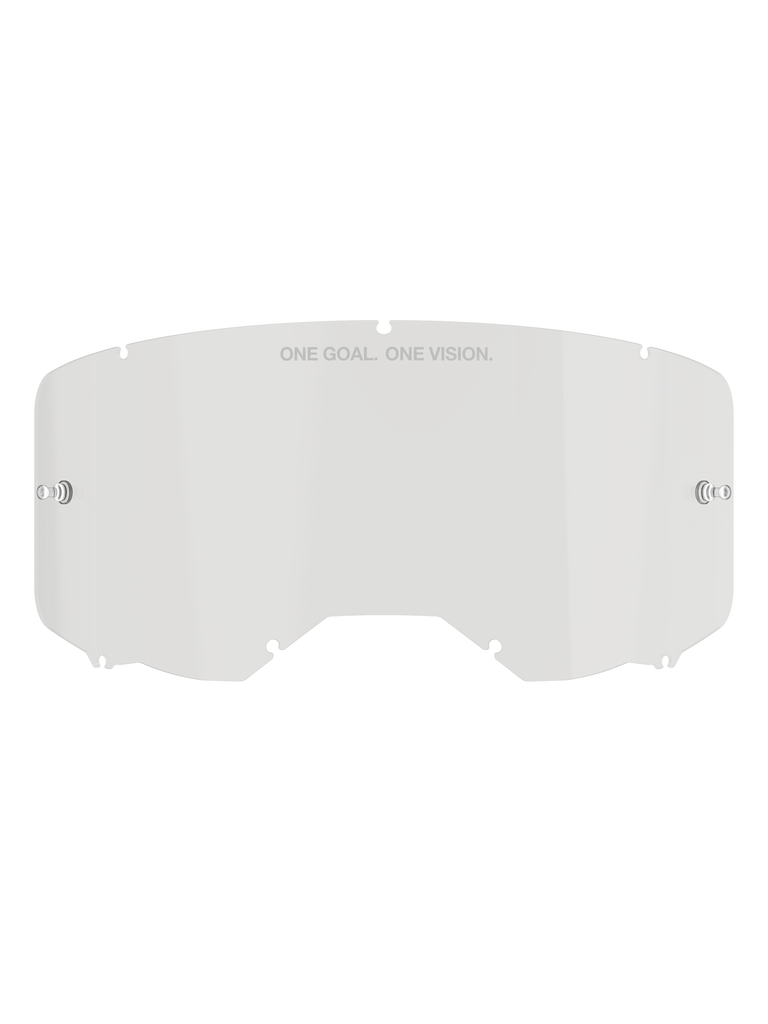 Alpinestars Vision 8-5-3 Lens, Clear replacement goggle lens, polycarbonate construction with integrated tear-off posts and seven-point locking system, featuring 'ONE GOAL. ONE VISION.' text, for motocross and off-road riding protection