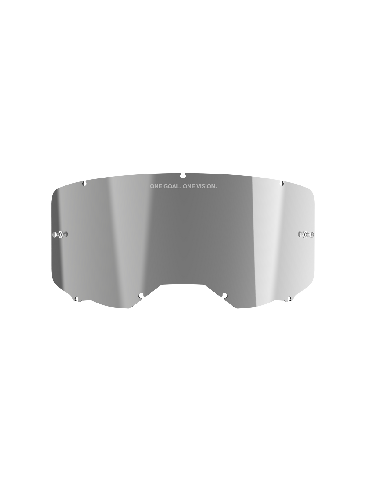 Alpinestars Vision 8-5-3 Mirror Lens, Mirror Silver reflective finish, curved polycarbonate construction with 'ONE GOAL. ONE VISION.' branding, integrated tear-off posts, replacement lens for motocross goggles