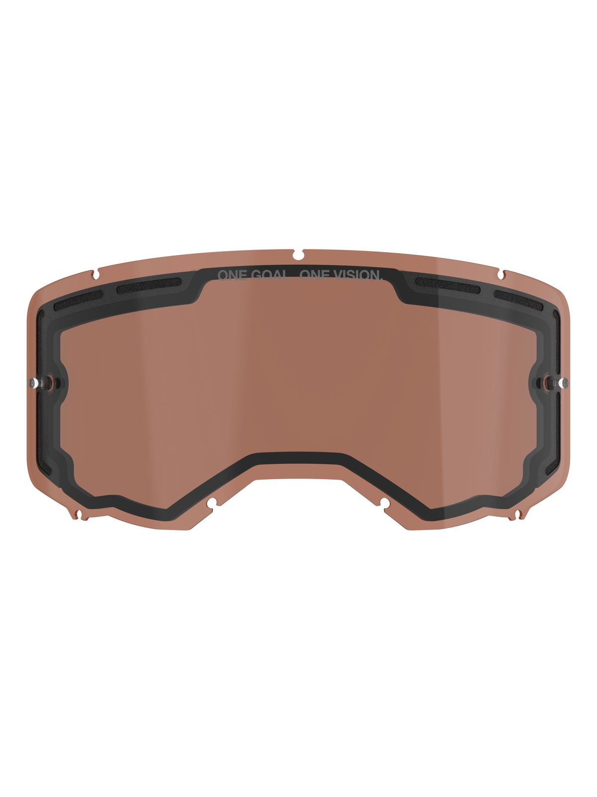 Alpinestars Vision 8-5-3 Dual Pane Vented Lens, Copper Rose tinted replacement lens for motocross goggles, featuring integrated tear-off posts, top ventilation ports, and ONE GOAL ONE VISION branding.