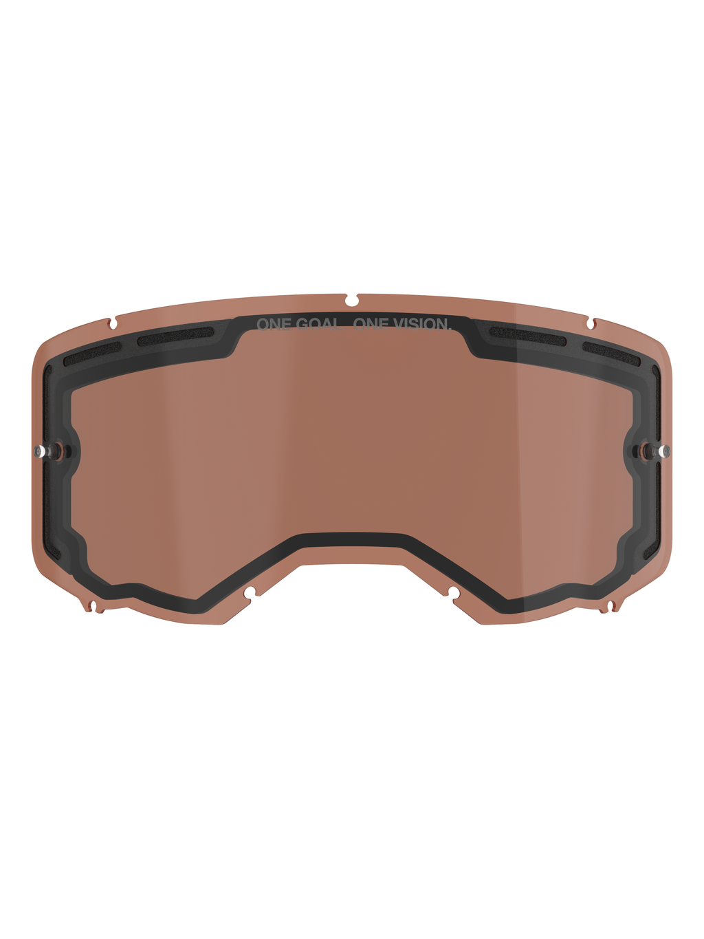 Alpinestars Vision 8-5-3 Dual Pane Vented Lens, Copper Rose tinted replacement lens for motocross goggles, featuring integrated tear-off posts, top ventilation ports, and ONE GOAL ONE VISION branding.