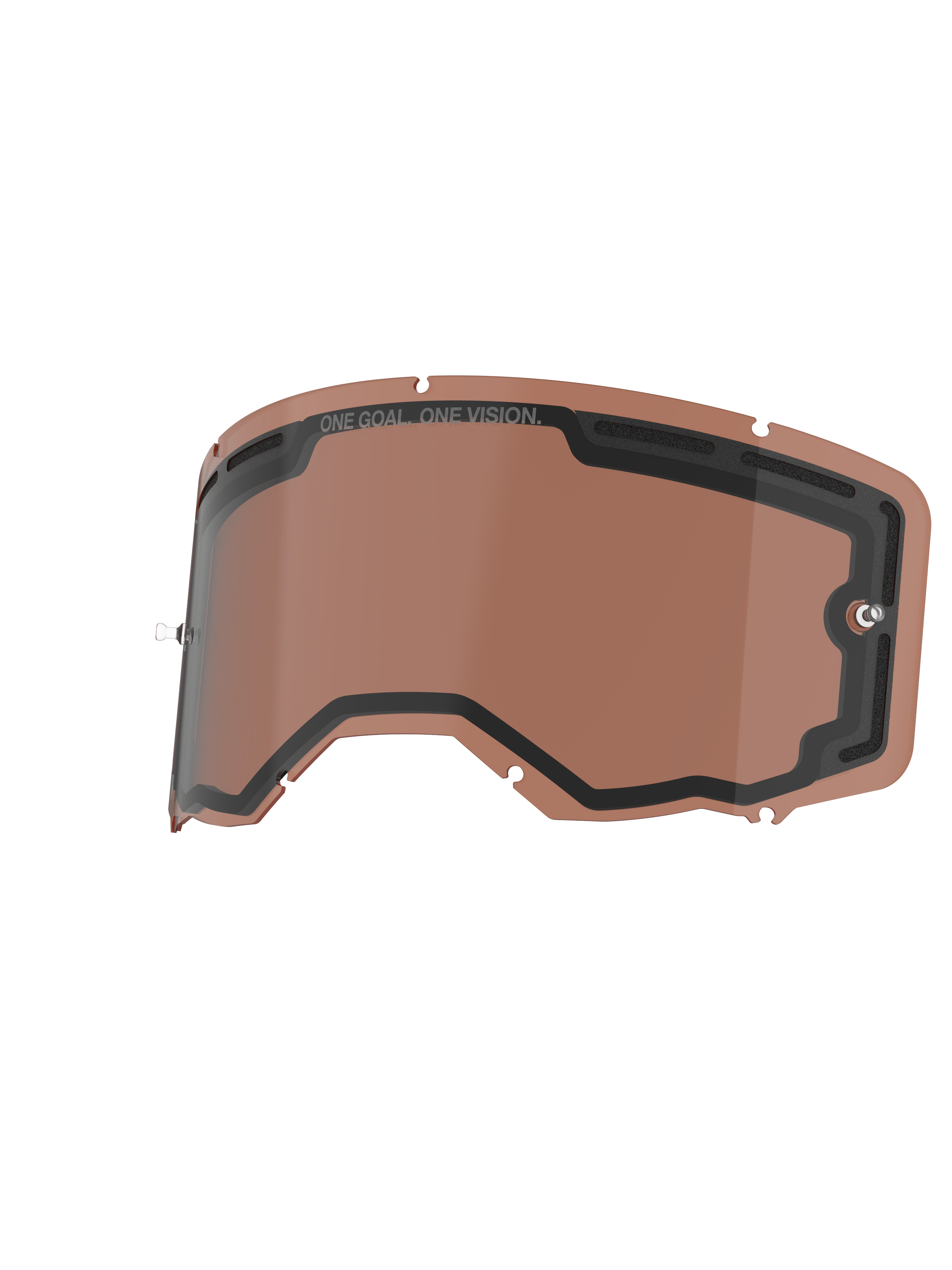Alpinestars Vision 8-5-3 Dual Pane Lens, Replacement Goggle Lens, Copper Rose, vented dual-pane design with black seal, features 'ONE GOAL. ONE VISION.' branding and integrated tear-off posts, durable polycarbonate for off-road performance.