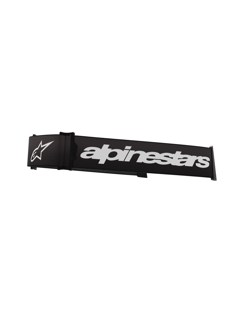 Alpinestars Supertech Goggles Strap, Black and White, featuring a prominent white Alpinestars wordmark and star logo, 45mm replacement strap for motocross goggles with silicone traction and click-snap attachment