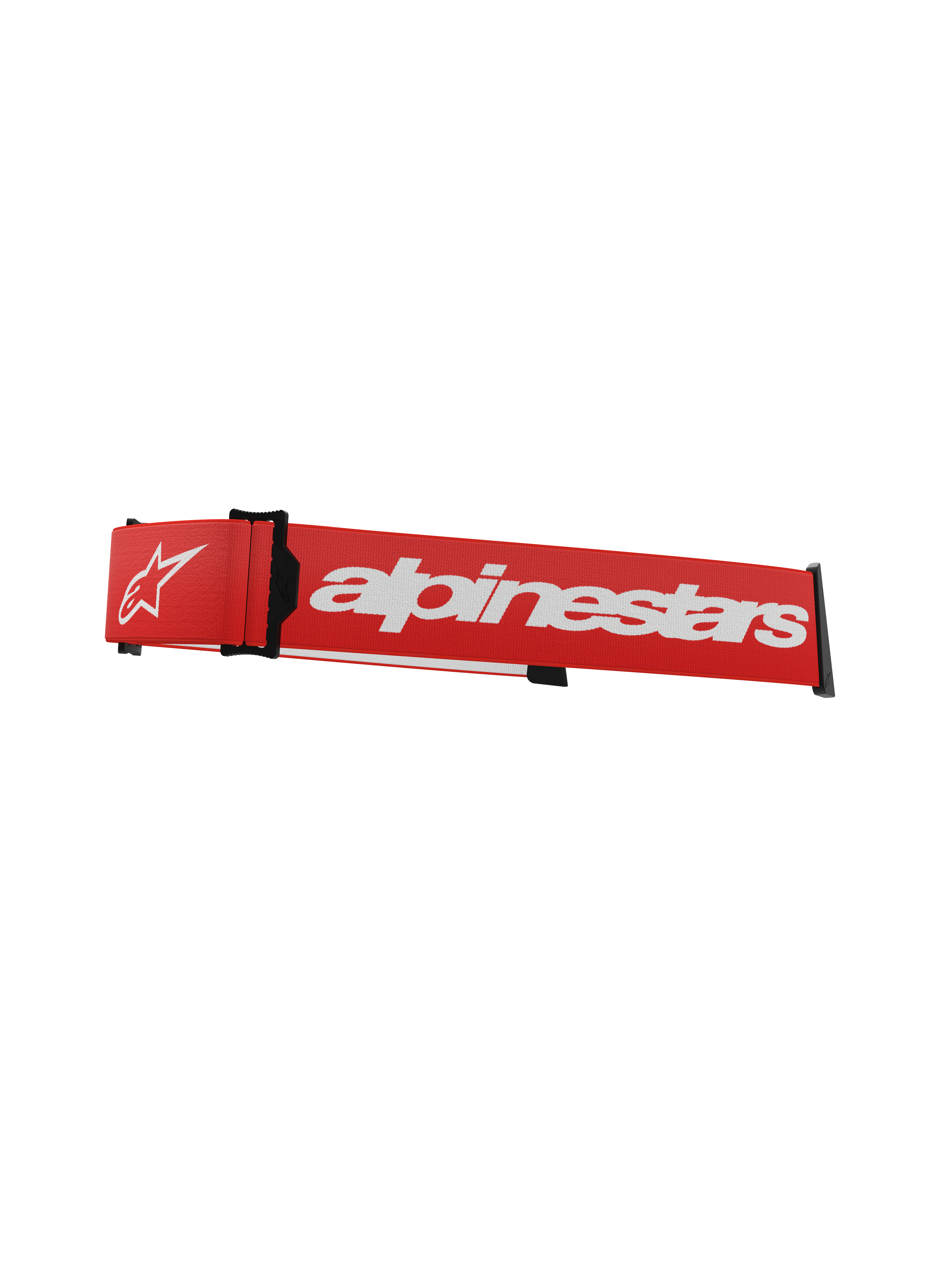 Alpinestars Supertech Goggles Strap, Red and White, replacement motocross goggle band featuring bold white branding, black click-snap connectors, and integrated ISP wedge for helmet positioning