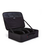 Alpinestars Supertech Vision Goggles Case, Black, open briefcase-style organizer for motocross goggles, featuring pre-curved modular dividers and mesh pockets on the lid, padded handle, durable construction for off-road gear storage