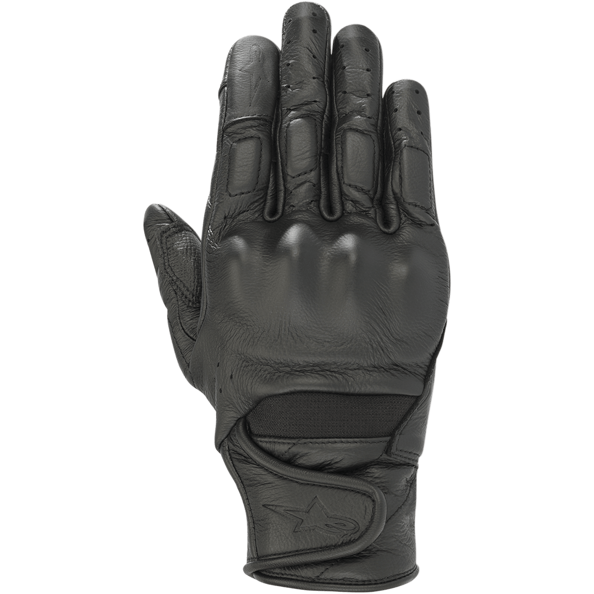 Alpinestars Stella Vika V2 Gloves, Women's Motorcycle Gloves, Black Leather, featuring perforated fingers for ventilation, viscoelastic knuckle protection, and a short cuff with a Velcro strap and star logo