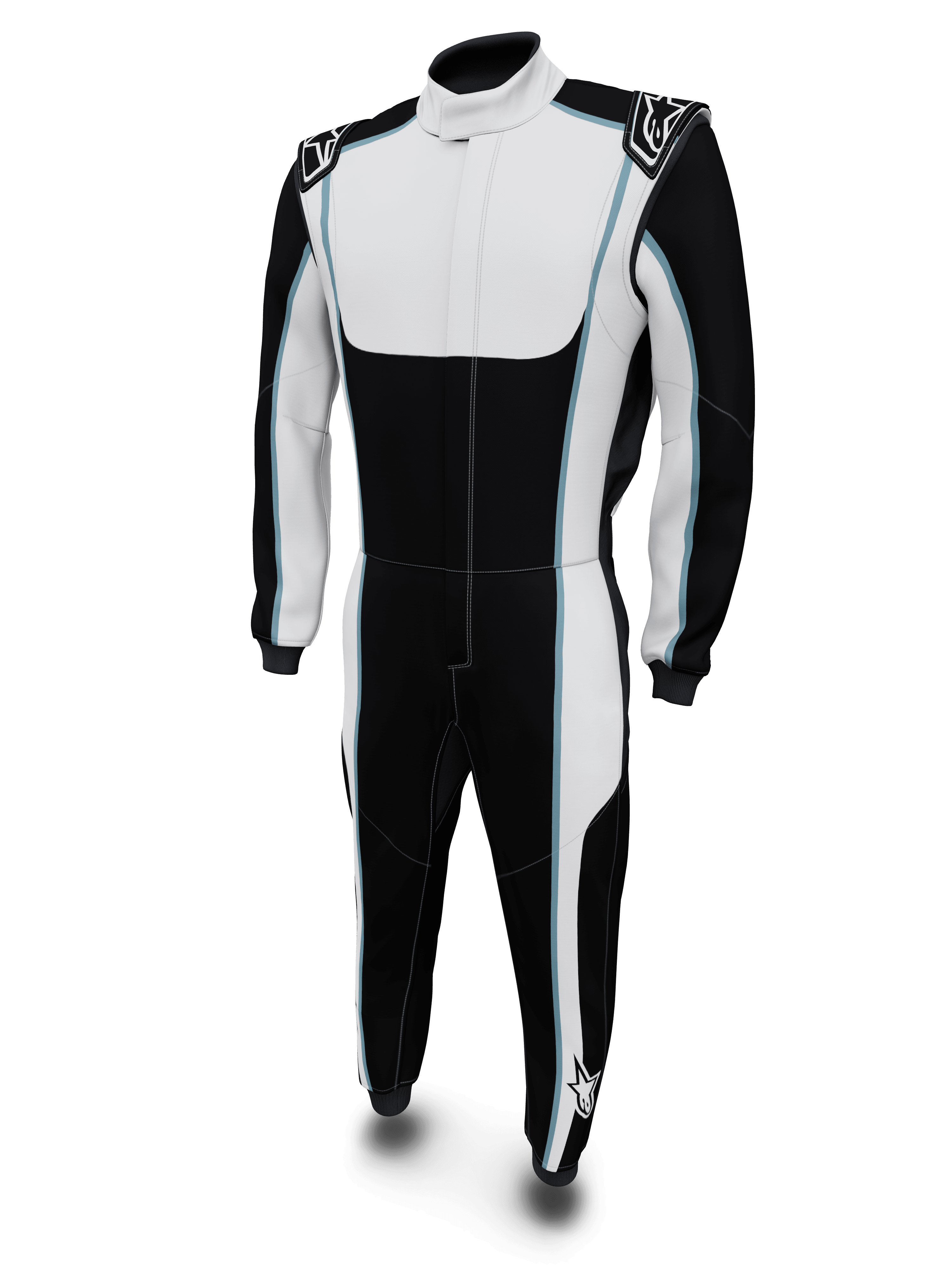 Alpinestars Tech Vision V3 Custom Auto Racing Suit, black and white with blue accents, FIA certified Nomex.