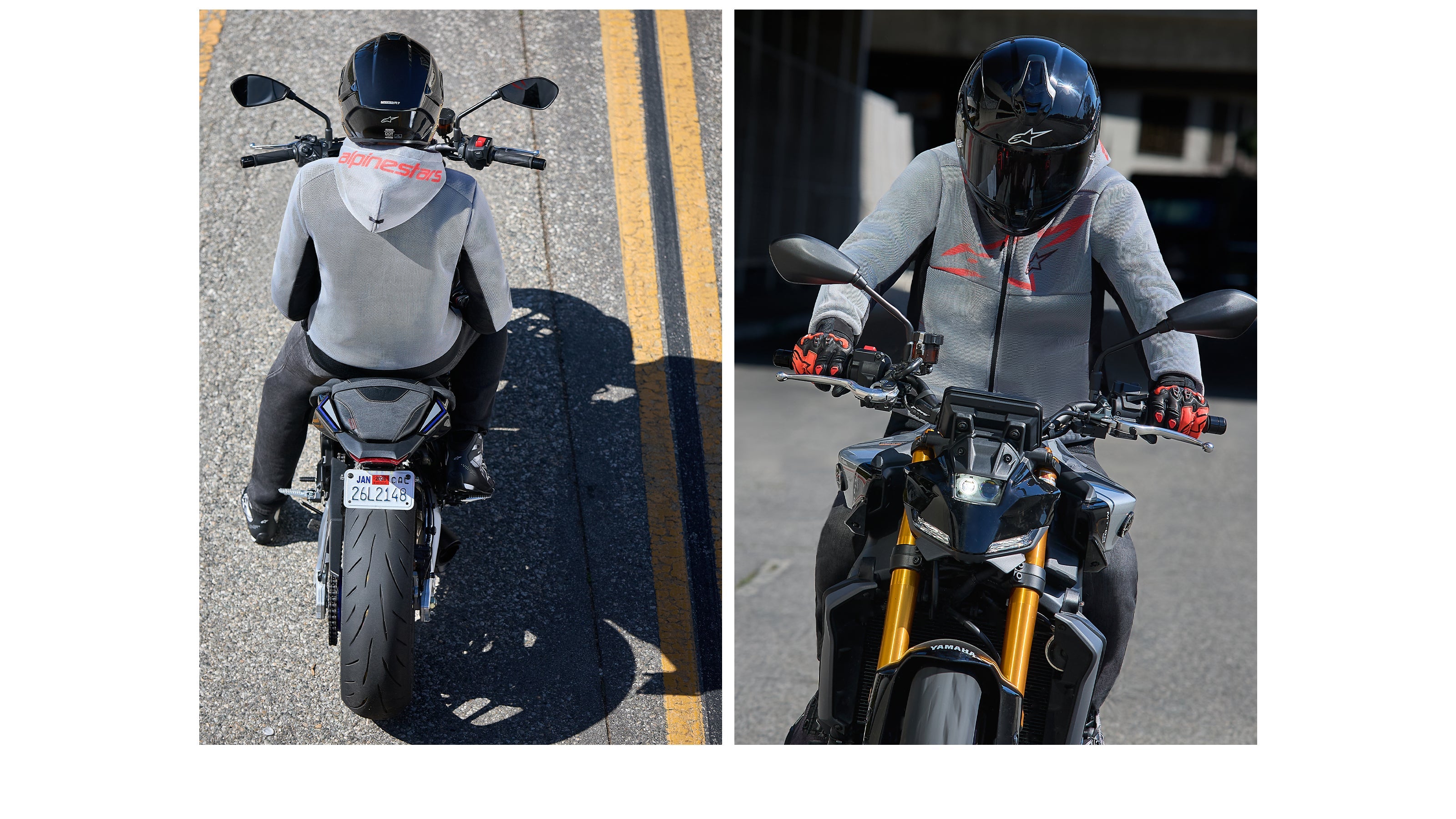 Alpinestars Chrome Superairflow Hoodie, gray mesh motorcycle hoodie for men with red accents, showing front and back views.