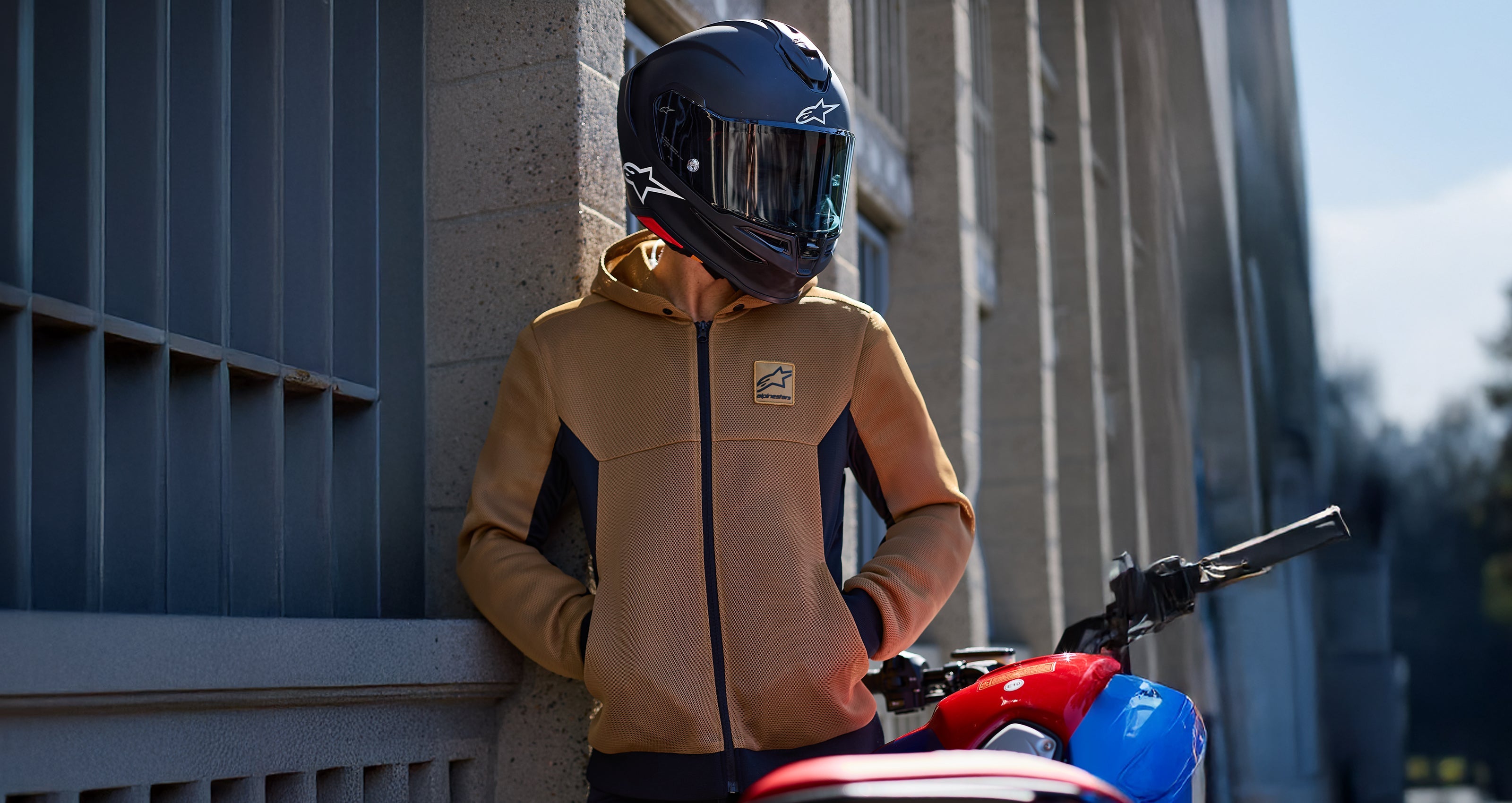 Alpinestars Chrome Superairflow Hoodie, Tan and Black, Tech-Air Ready ventilated 3D mesh motorcycle hoodie for men.