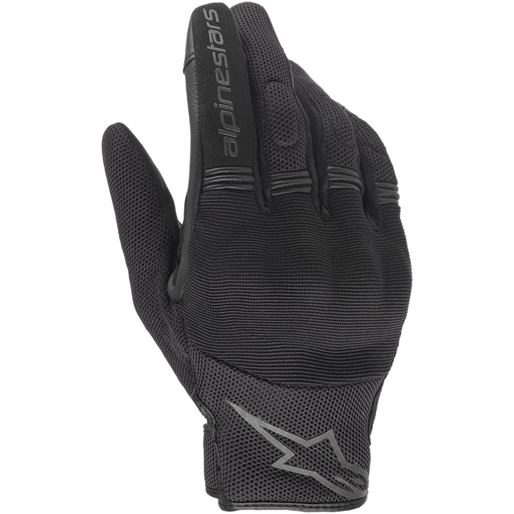 Alpinestars Stella Copper Women's Gloves, Black Motorcycle Gloves, backhand view showing mesh and textile construction, features ribbed accordion panels on fingers, alpinestars wordmark on the index finger and star logo on the wrist, lightweight urban design