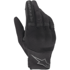 Alpinestars Stella Copper Women's Gloves, Black Motorcycle Gloves, backhand view showing mesh and textile construction, features ribbed accordion panels on fingers, alpinestars wordmark on the index finger and star logo on the wrist, lightweight urban design