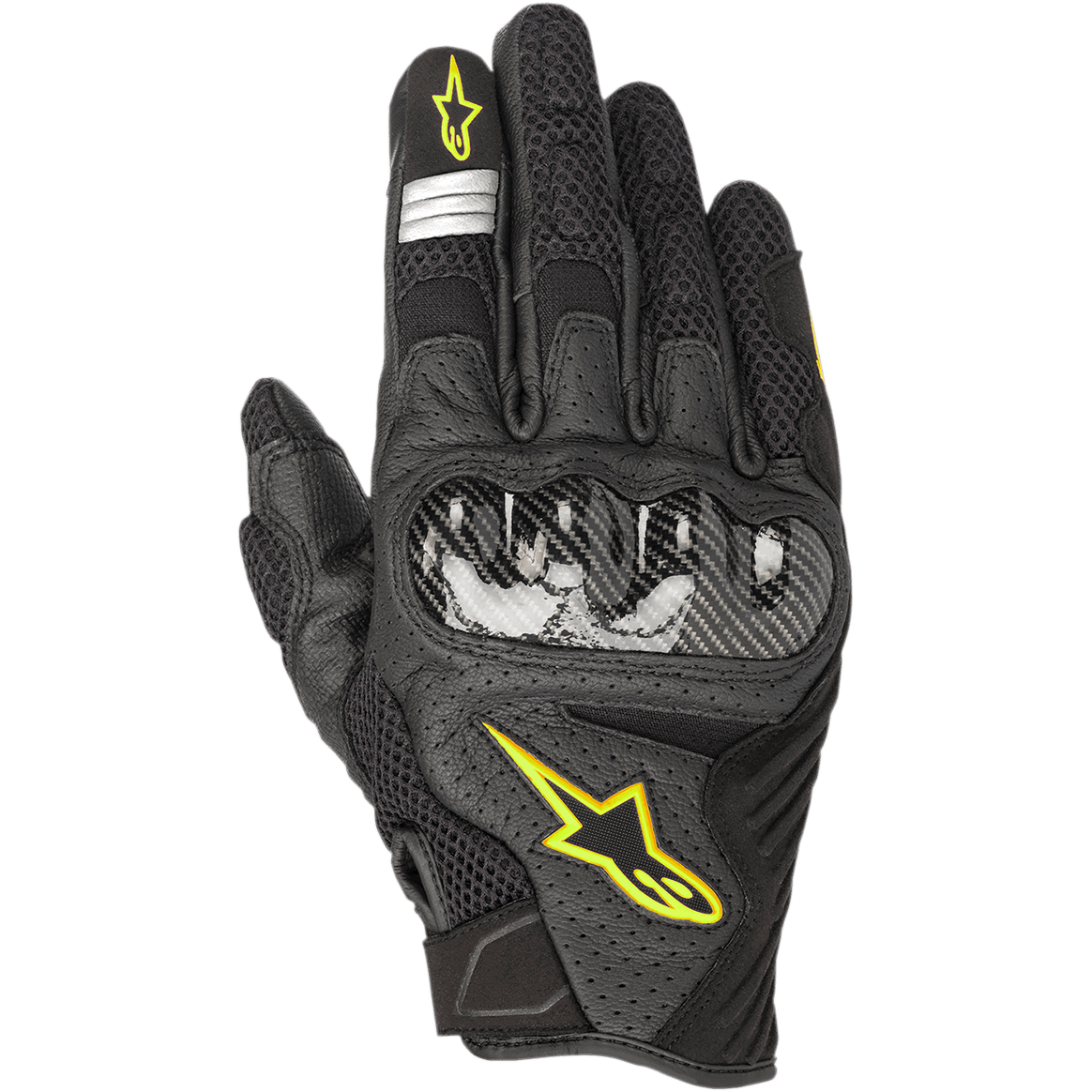 Alpinestars SMX-1 Air V2 Gloves, Motorcycle Gloves, Black with Yellow Fluorescent accents, featuring a carbon fiber knuckle guard, mesh and perforated leather construction for breathability, yellow Astars logo, and silver reflective details on the index finger.