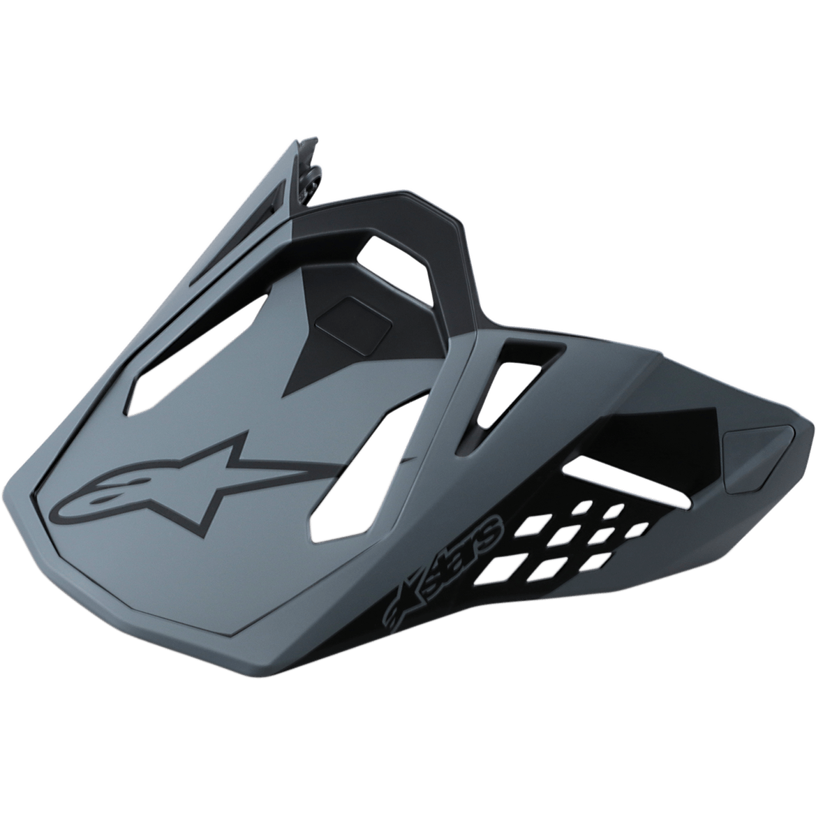 Alpinestars Supertech M10 Meta Helmet Visor, replacement peak for motocross helmets, Matte Black and Gray, featuring a black Astar logo and geometric ventilation cutouts, aerodynamic design for off-road racing