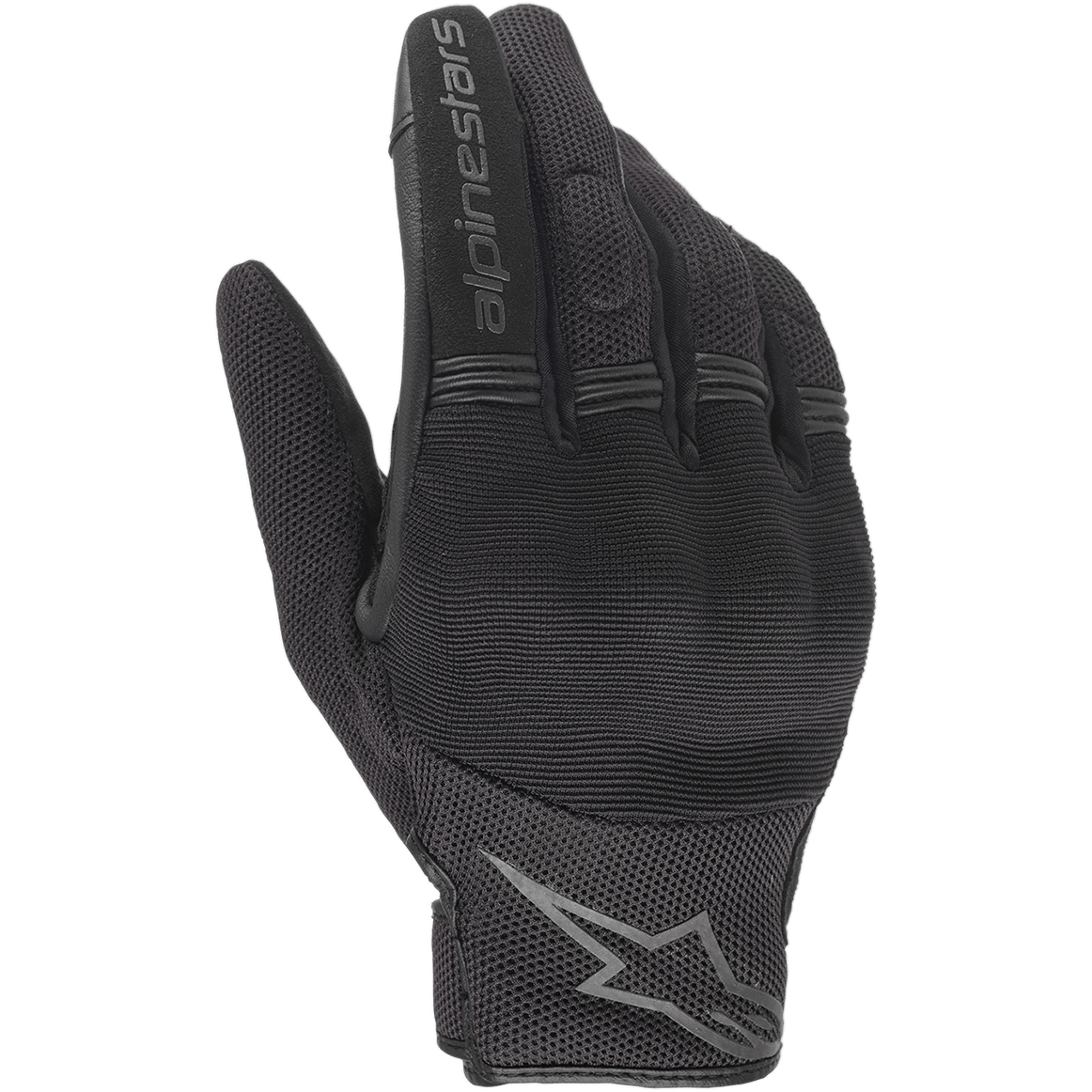 Alpinestars Copper Gloves, Black, Urban Motorcycle Gloves, featuring breathable mesh and spandex construction, Alpinestars wordmark on index finger, star logo on wrist, flexible accordion finger panels