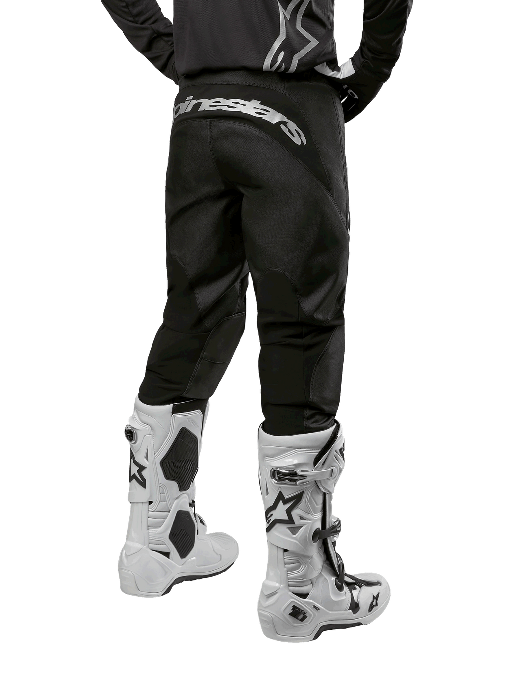 Alpinestars 2024 Fluid Graphite Gear Set, back view of black and gray motocross pants with white Alpinestars branding on the seat, worn with white and black motocross boots, specialized off-road racing gear