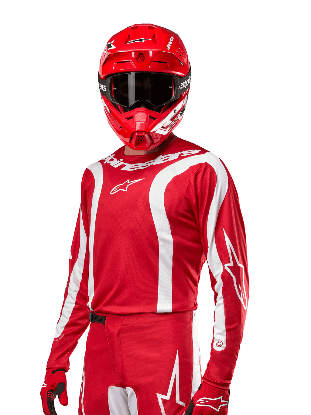 2024 Fluid Lurv Jersey, Motocross Racing Jersey, Mars Red and White, worn with matching red helmet and gloves, bold sporty design with white curved stripes and Alpinestars branding
