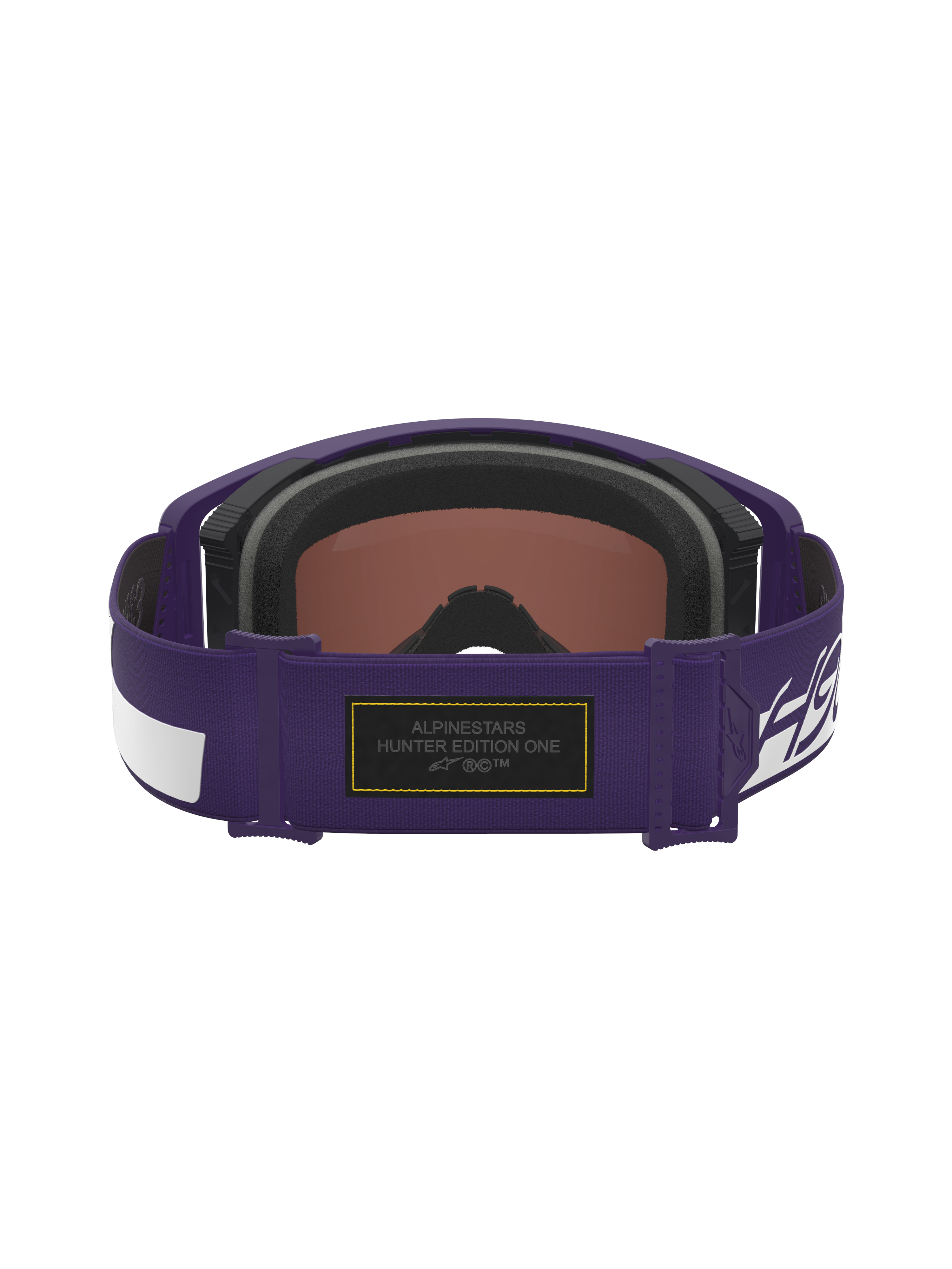 Alpinestars Limited Edition HUNTA96 XXV Supertech Vision Goggles, Purple and White, back view of adjustable strap featuring black Alcantara patch with yellow contrast stitching and Hunter Edition One branding, premium motocross eyewear inspired by Porsche GT3RS
