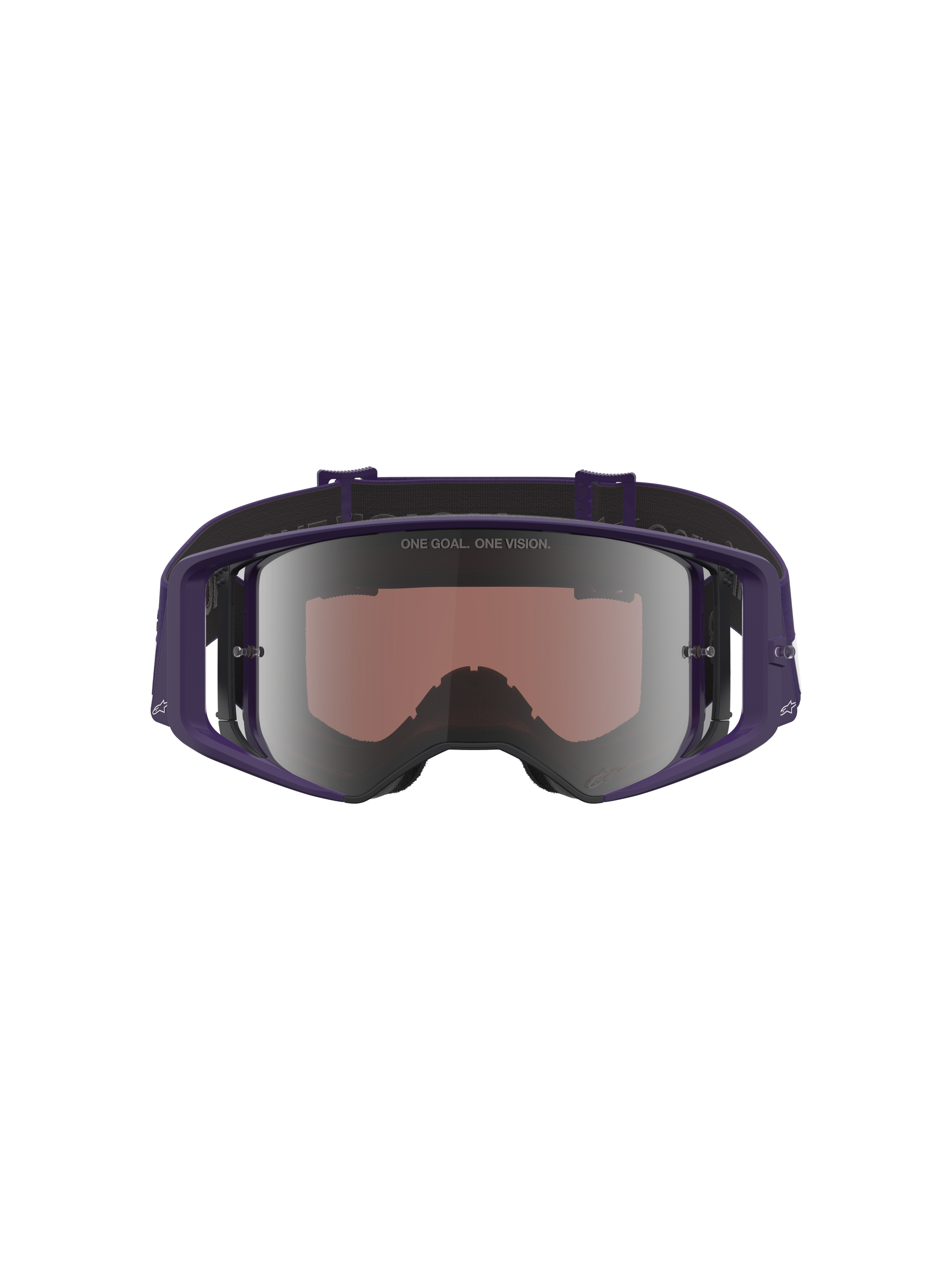 Alpinestars Limited Edition HUNTA96 XXV Supertech Vision Goggles, Motocross Goggles, Purple and White with Silver Mirror Lens, front-facing view showing reflective lens with 'ONE GOAL. ONE VISION.' text, wide peripheral frame design for off-road racing