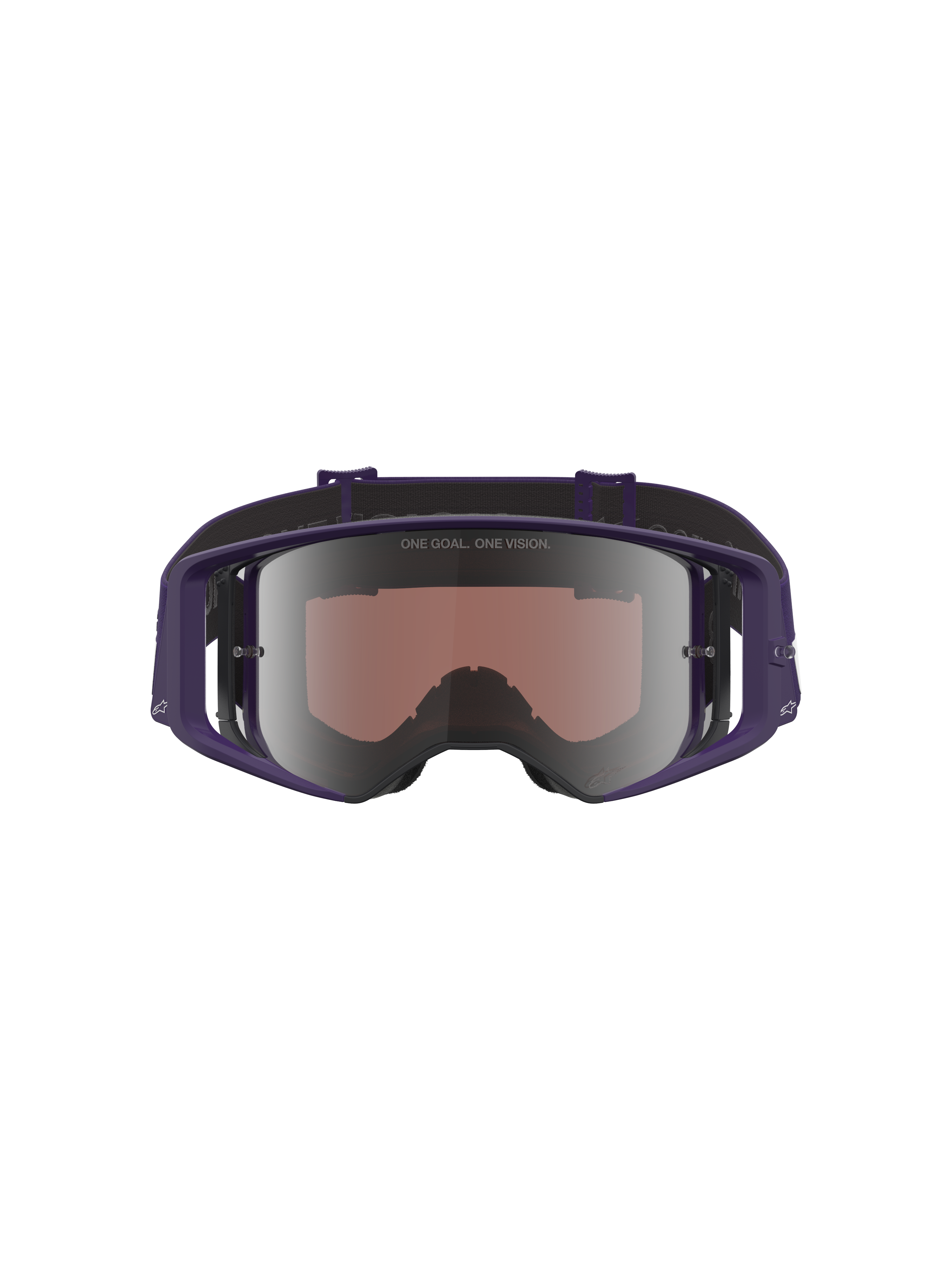 Alpinestars Limited Edition HUNTA96 XXV Supertech Vision Goggles, Motocross Goggles, Purple and White with Silver Mirror Lens, front-facing view showing reflective lens with 'ONE GOAL. ONE VISION.' text, wide peripheral frame design for off-road racing
