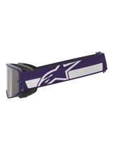 Alpinestars Limited Edition HUNTA96 XXV Supertech Vision Goggles, Motocross Goggles, Purple and White, side profile showing wide purple strap with white Alpinestars star logo and stripe, silver mirror lens, high-performance off-road eyewear