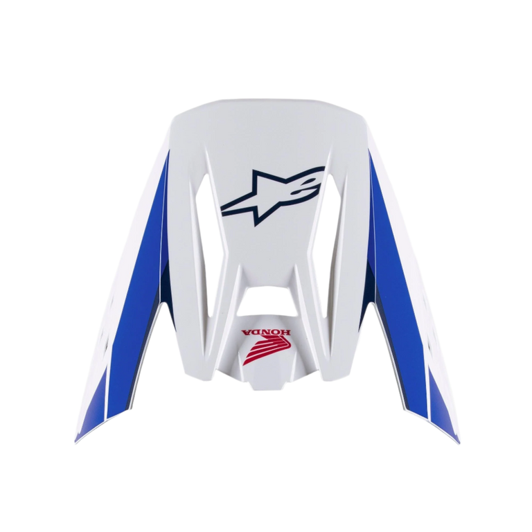 Alpinestars Honda S-M5 Visor, Replacement Helmet Visor, White Blue and Red Glossy finish, featuring blue side panels with navy Alpinestars and red Honda logos, motocross helmet accessory