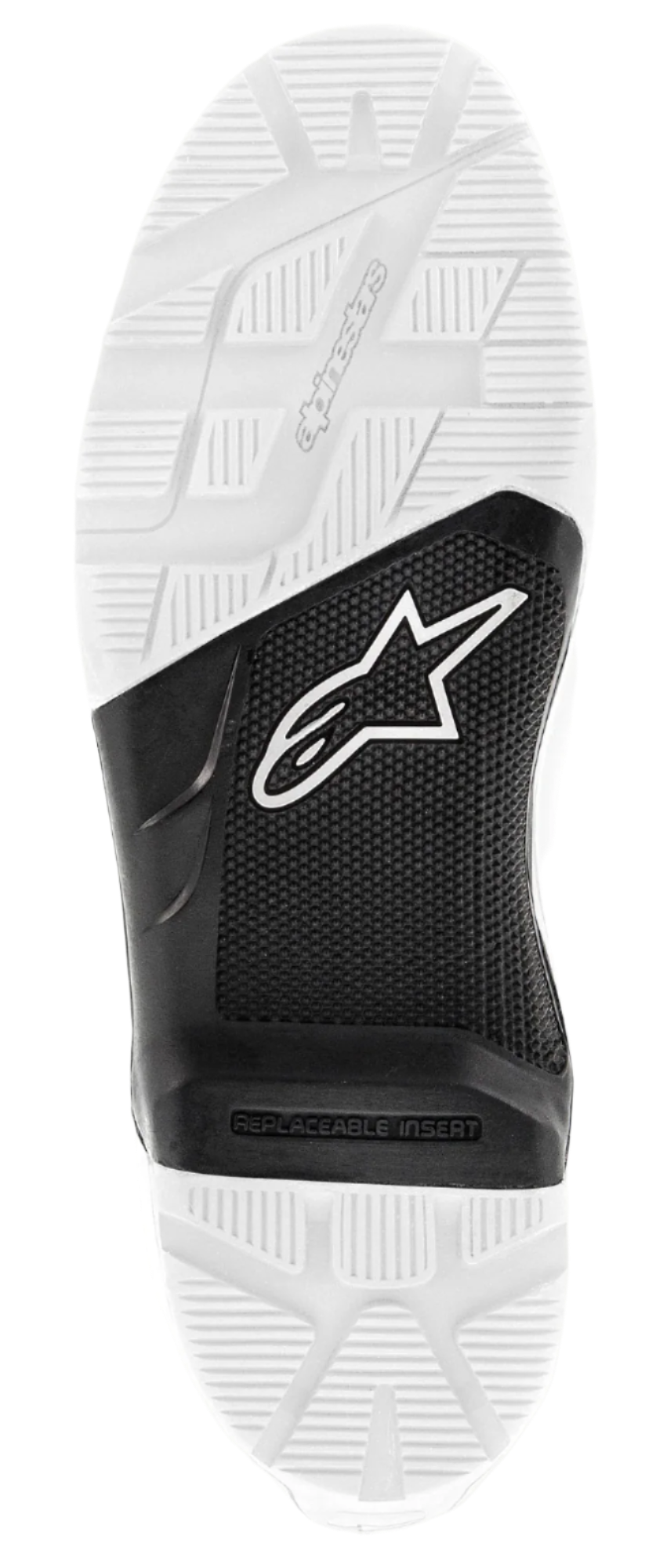 Alpinestars Tech 7 Enduro Sole, replacement rubber outsole, Black and White, bottom view showing textured tread with lugged pattern, featuring white Astars logo on black mid-section and embossed Alpinestars branding, spare part for off-road motorcycle boots
