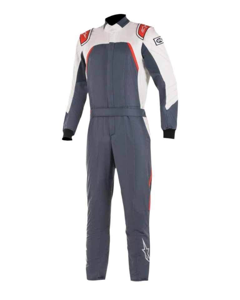 Alpinestars GP Pro Comp Bootcut Suit FIA, Auto Racing Suit, Asphalt White and Red, one-piece motorsport suit with white upper chest and sleeves, red shoulder accents, dark gray asphalt body, and bootcut leg construction.