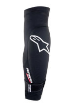 Alpinestars Aria Knee Protector, Black and White, breathable mesh sleeve featuring a large white Astars logo, 'ASTARS RIGHT' text, and an adjustable bottom strap, lightweight mountain bike and cycling protection