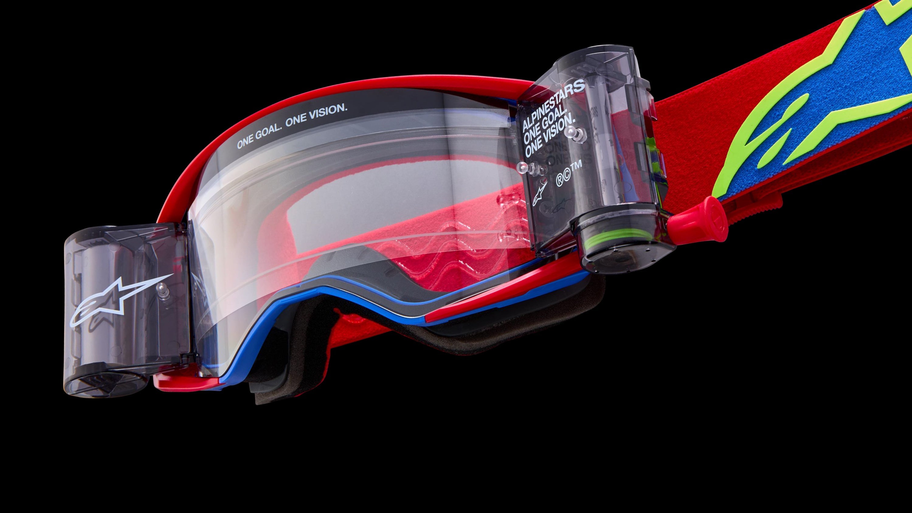 Alpinestars Supertech Motocross Goggles with WFS roll-off system, Red and Blue with Lime Green accents, clear racing lens.