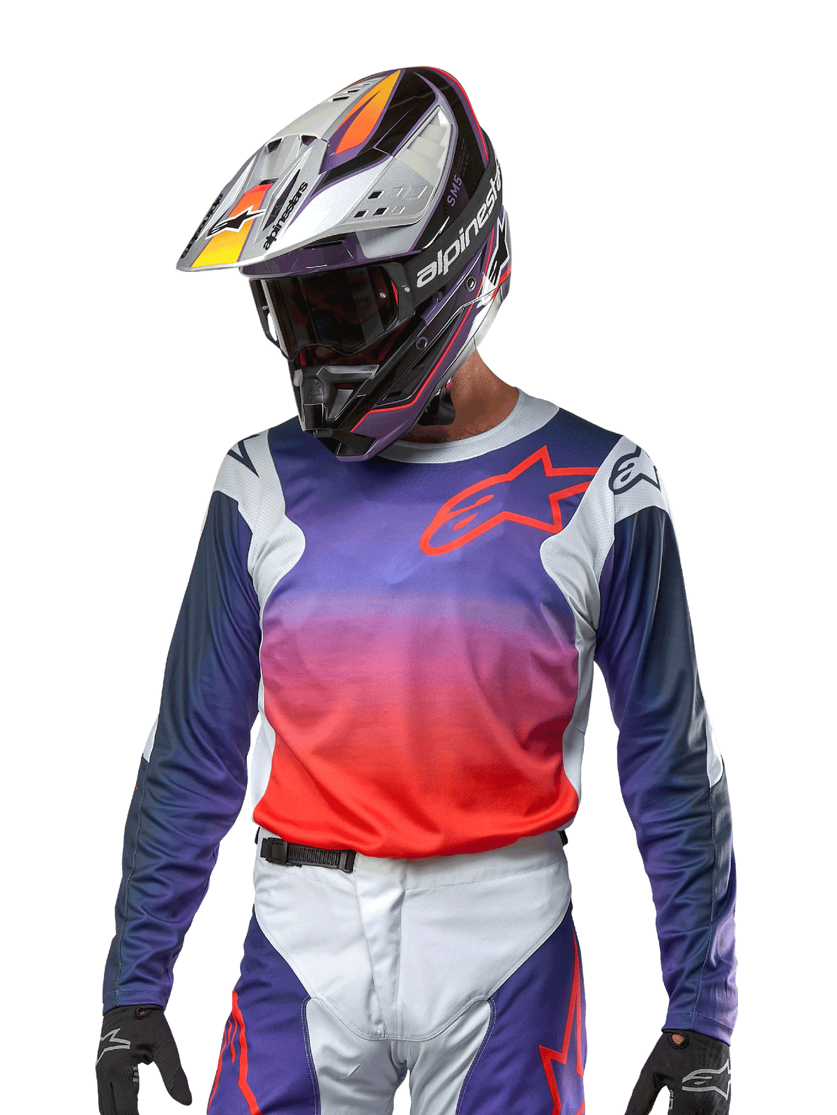 Alpinestars 2024 Racer Hoen Jersey, Motocross Jersey, Purple and Hot Orange Gradient with Dark Blue Sleeves, Light Gray shoulder panels, worn with matching racing pants and helmet, complete off-road riding gear