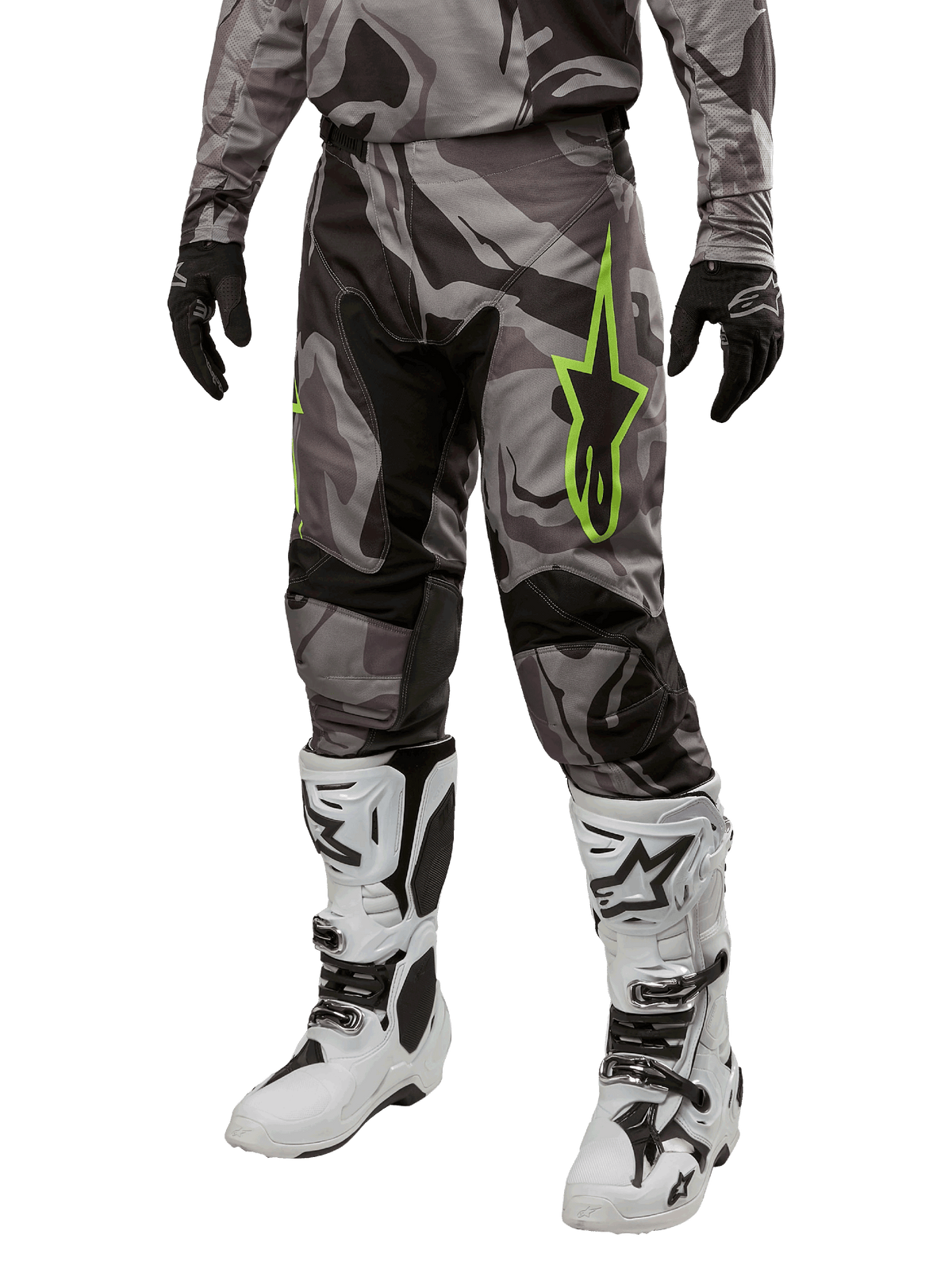 Alpinestars 2024 Racer Tactical Pants, Motocross Pants, Gray and Black Camouflage, lime green star logo, worn with white and black boots and black gloves, off-road riding gear